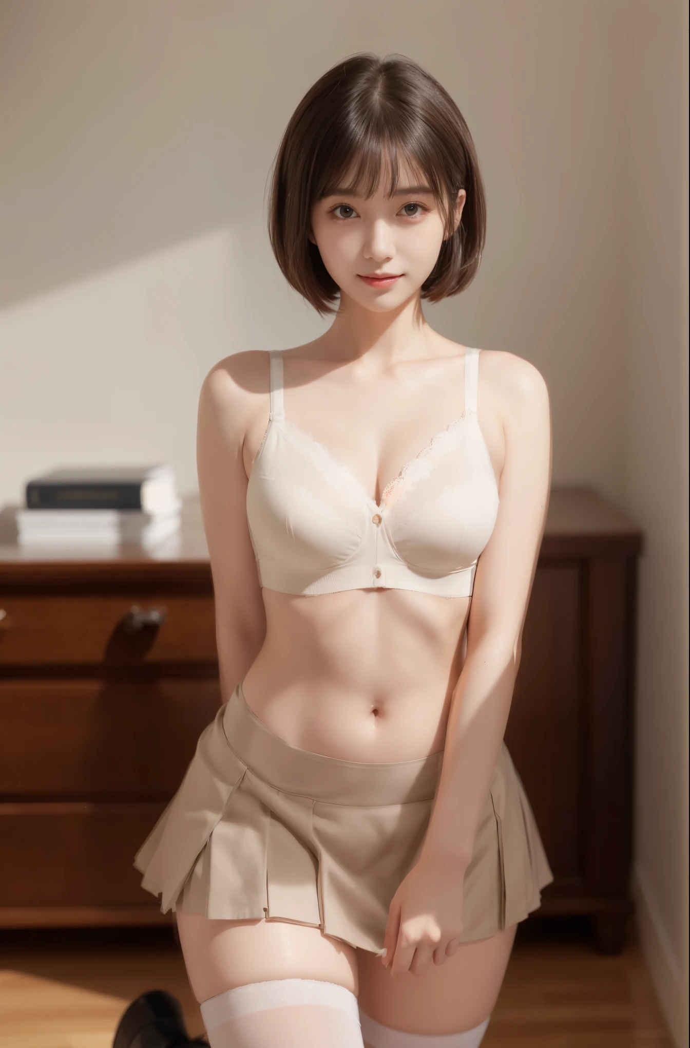 (original photo:1.2),(lifelike:1.4),(masterpiece:1.3),(best quality:1.4),ultra high resolution,
human development report,8K resolution,
dreamlike,
View comments,Request for comment,landscape,((No text)),
alone focus, (whole body),
(delicate eyes),(detailed facial features), (Detailed clothing features),
tight skin, (shiny skin),(slim girl),(slim girl),
(1 girl,alone),virtual girl rin, happy, Smile, (small breasts), Bangs, bob hair, short hair, brown hair, brown eyes, black collar,
university student, Uniforms, pleated skirt, white stockings,(((She lifted her shirt, Reveal under her bra))).