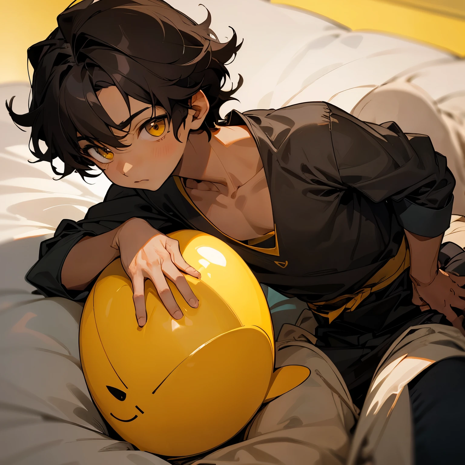 A young brown-skinned boy, cuerpo delgado y tierno, con el pelo negro rizado y largo, with yellow eyes and an innocent expression, que use ropa linda pero inocente.