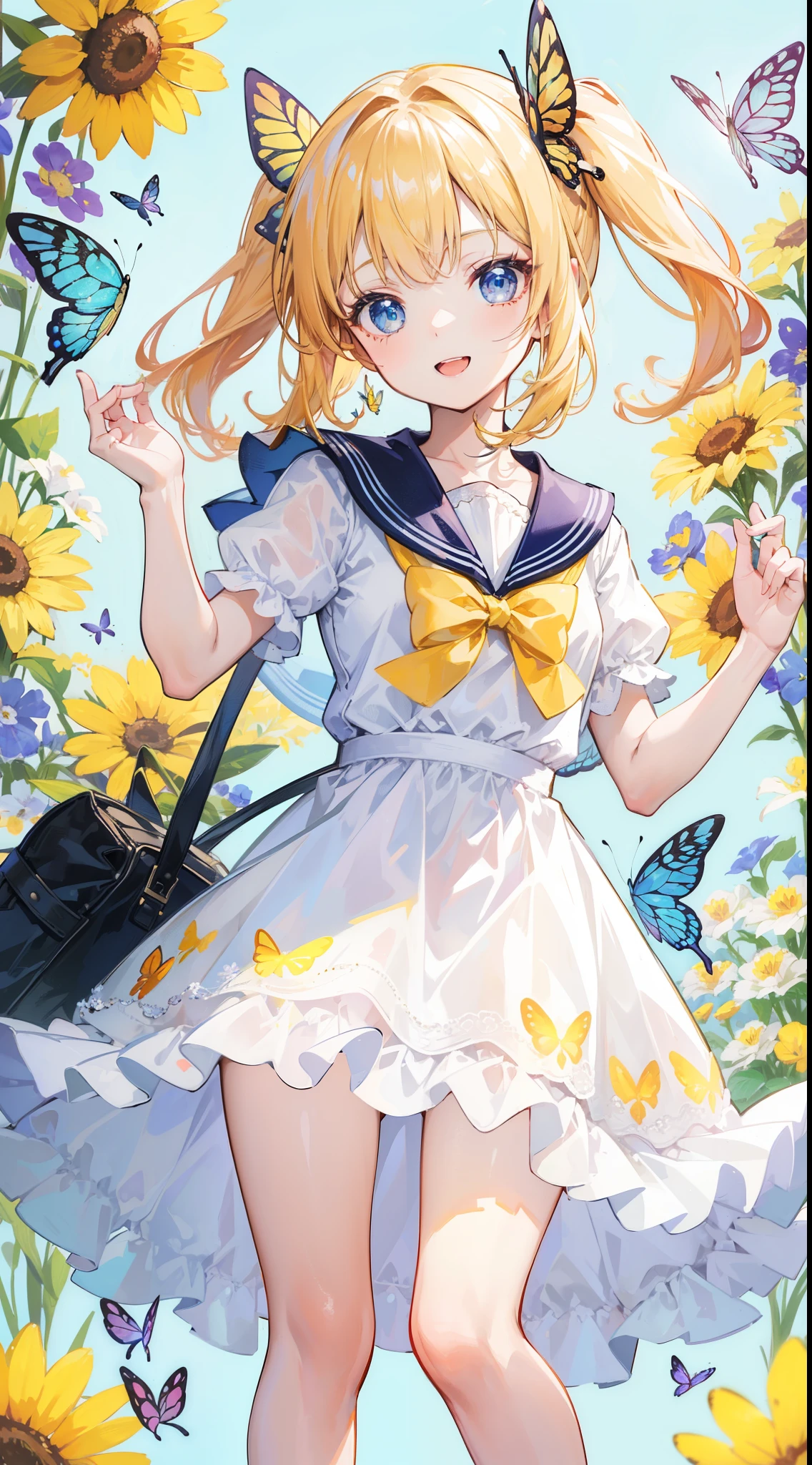 32k, (32k), (beautiful cute girl), (butterfly ornament), (butterfly dress), ((many butterflies)), (((background of many flowers
))), (((bright background))), (beautiful world), (cute world), smile, ong hair, looking at viewer, smile, open mouth, bangs, blue eyes, multiple Children, blonde hair, dress, ribbon, holding, 2Children, hair ribbon, short sleeves, :d, food, sailor collar, bag, white dress, two side up, twins, yellow ribbon, macaron,
