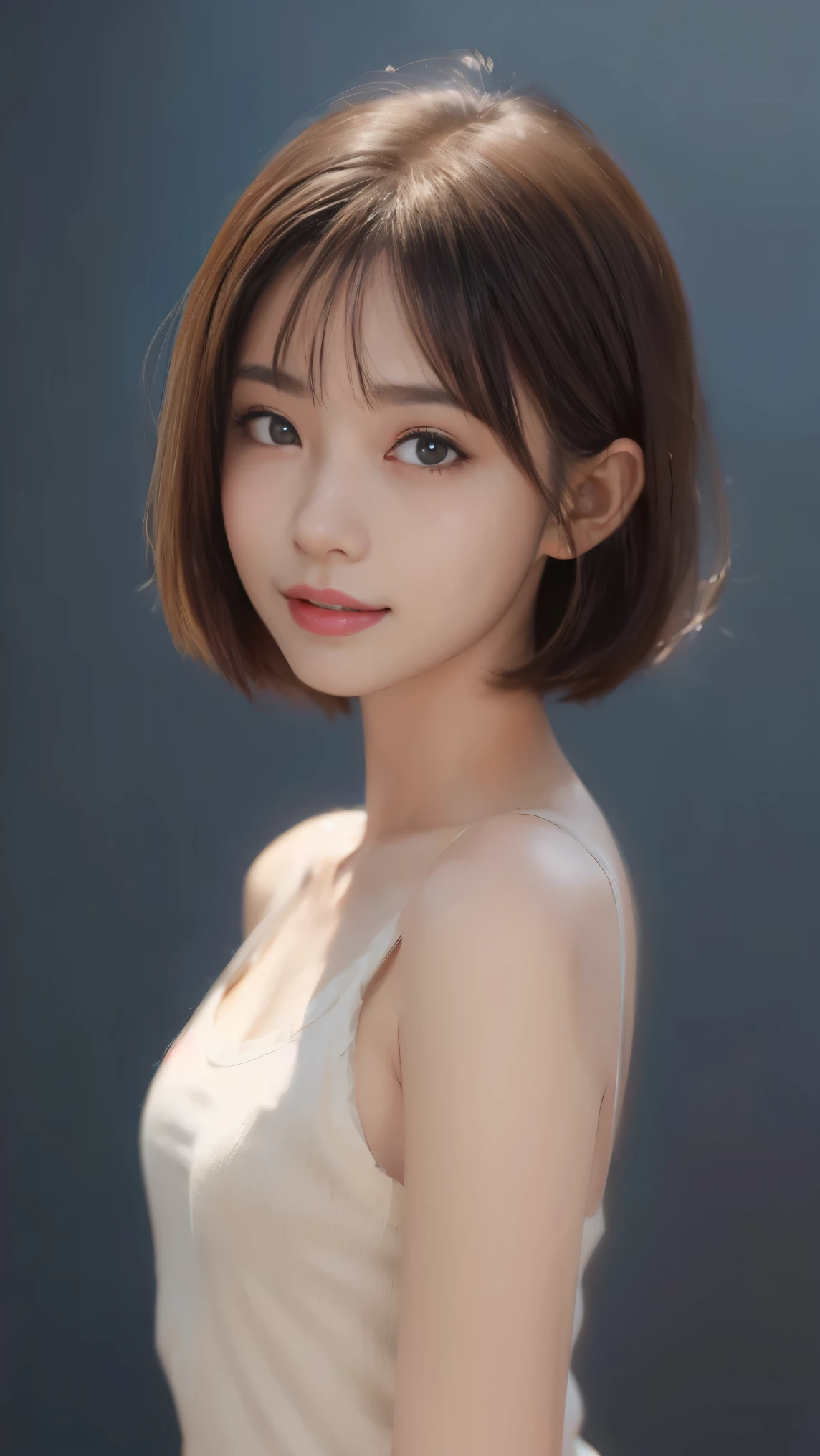 (original photo:1.2),(lifelike:1.4),(masterpiece:1.3),(best quality:1.4),ultra high resolution,
human development report,8K resolution,
dreamlike,
View comments,Request for comment,landscape,((No text)),
alone focus, (whole body),
(delicate eyes),(detailed facial features), (Detailed clothing features),
tight skin, (shiny skin),(slim girl),(slim girl),
(1 girl,alone),virtual girl rin, happy, Smile, (small breasts), Bangs, bob hair, short hair, brown hair, brown eyes, black collar,
university student, (Cotton camisole vest: 1.1),