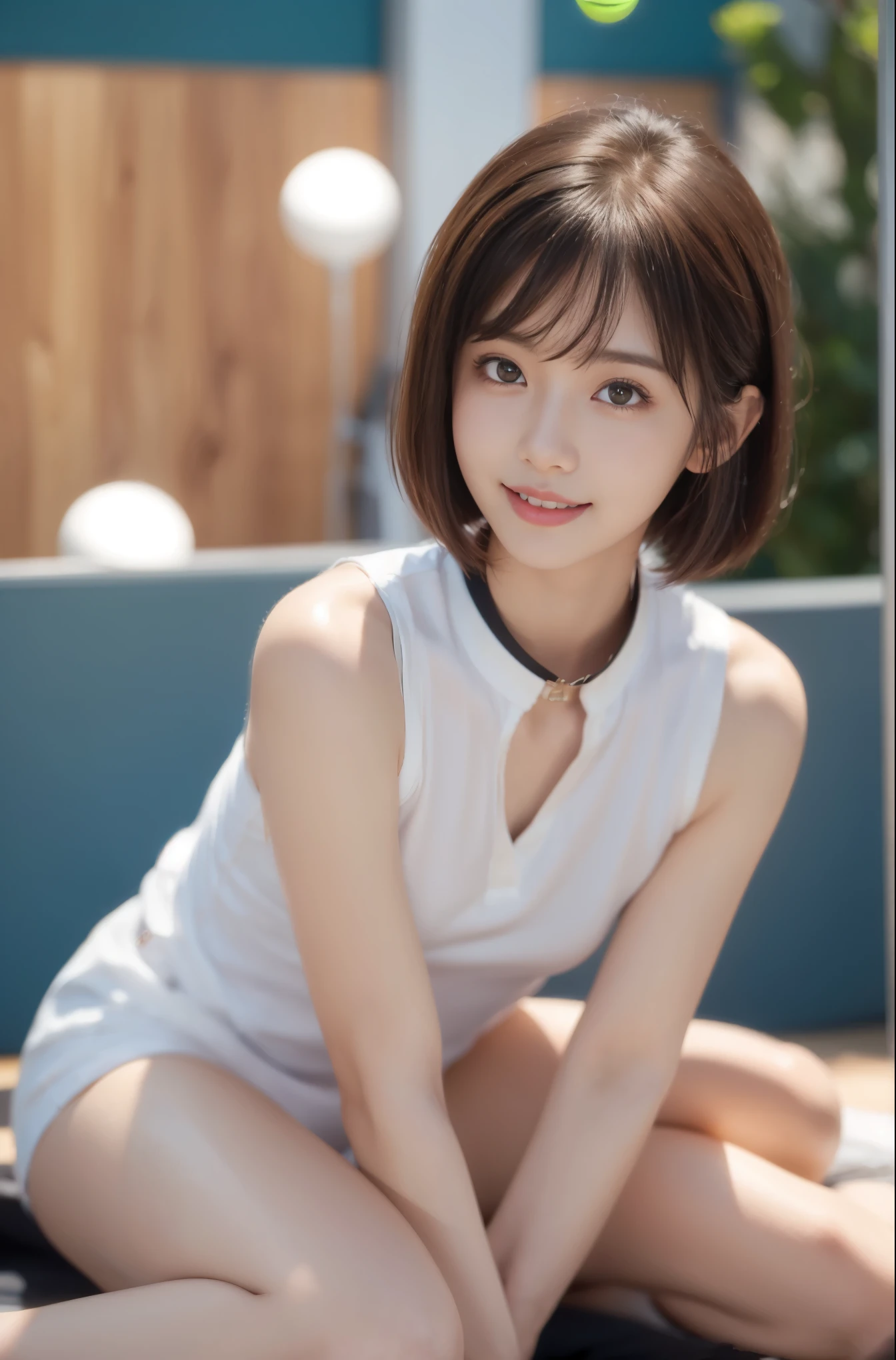 (original photo:1.2),(lifelike:1.4),(masterpiece:1.3),(best quality:1.4),ultra high resolution,
human development report,8K resolution,
dreamlike,
View comments,Request for comment,landscape,((No text)),
alone focus, (whole body),
(delicate eyes),(detailed facial features), (Detailed clothing features),
tight skin, (shiny skin),(slim girl),(slim girl),
(1 girl,alone),virtual girl rin, happy, Smile, (small breasts), Bangs, bob hair, short hair, brown hair, brown eyes, black collar,
university student, Tennis wear