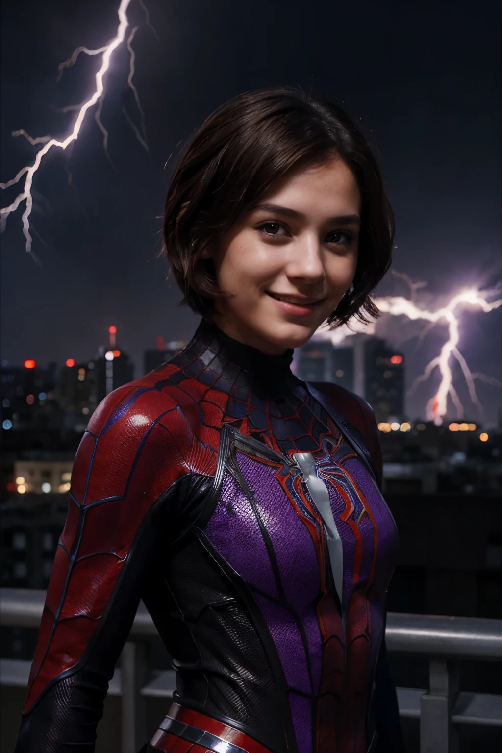 Young girl, short brown hair, purple eyes, Spider-Man 2099 shape, smile, cobweb, lightning, masterpiece, high quality