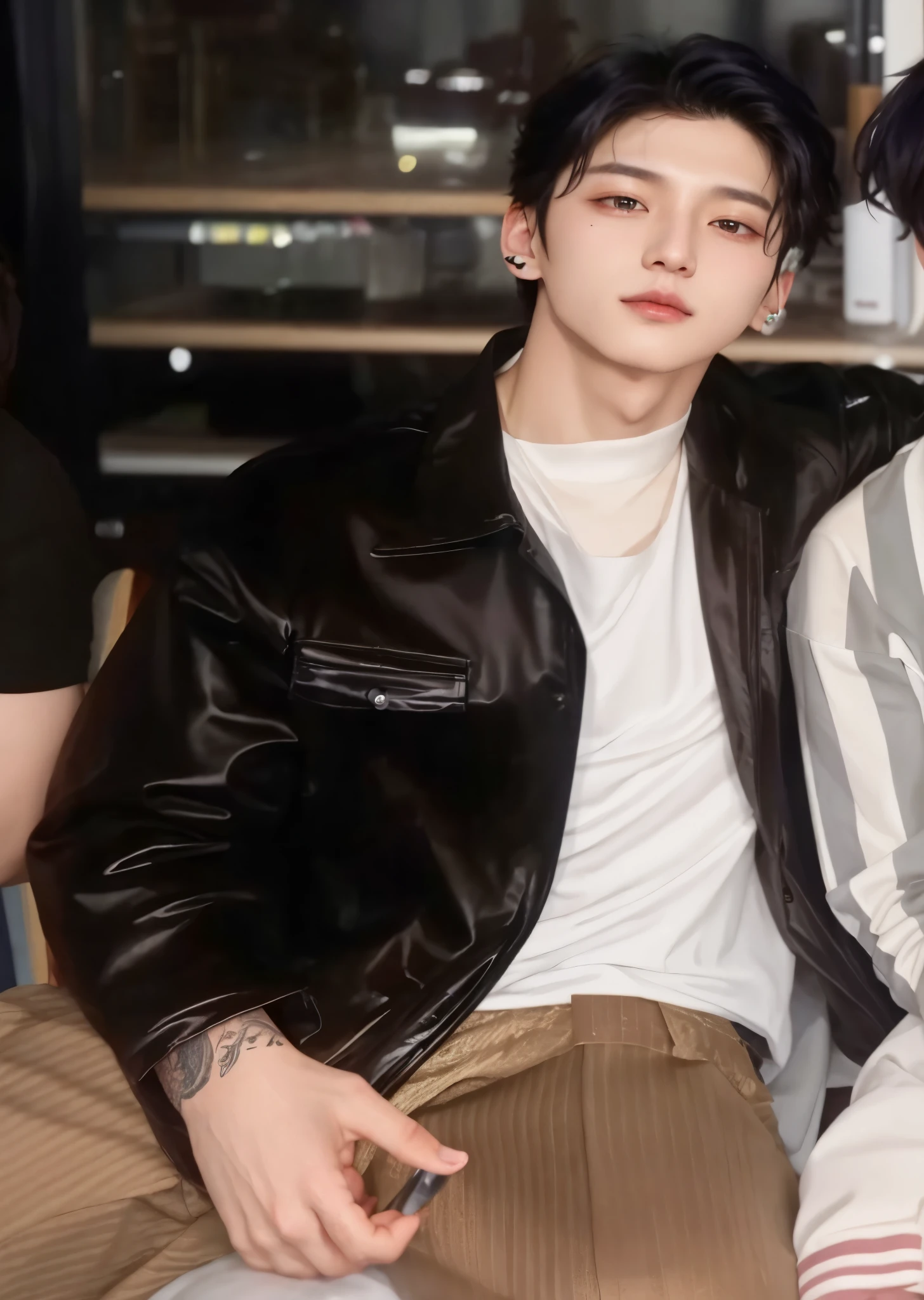 There are two people sitting on a bench together in a room,fit man with tattoos on his arm getting his hair cut, cai xukun, Jungkook,, hyung kook, hyung tae, Jeon jungkook hyung, adorable and pale korean face, taejune kim, homem sul-coreano, pintar ulzzang, artista coreano, inspirado em Jeon jungkook do bts, Homem legal da Coreia, 1Homem com, 20 anos, Rosto bem formado, nariz bonito, olhos e rosto detalhados, Detailed lips, lindos olhos detalhados, elegant appearance, corte de cabelo moderno