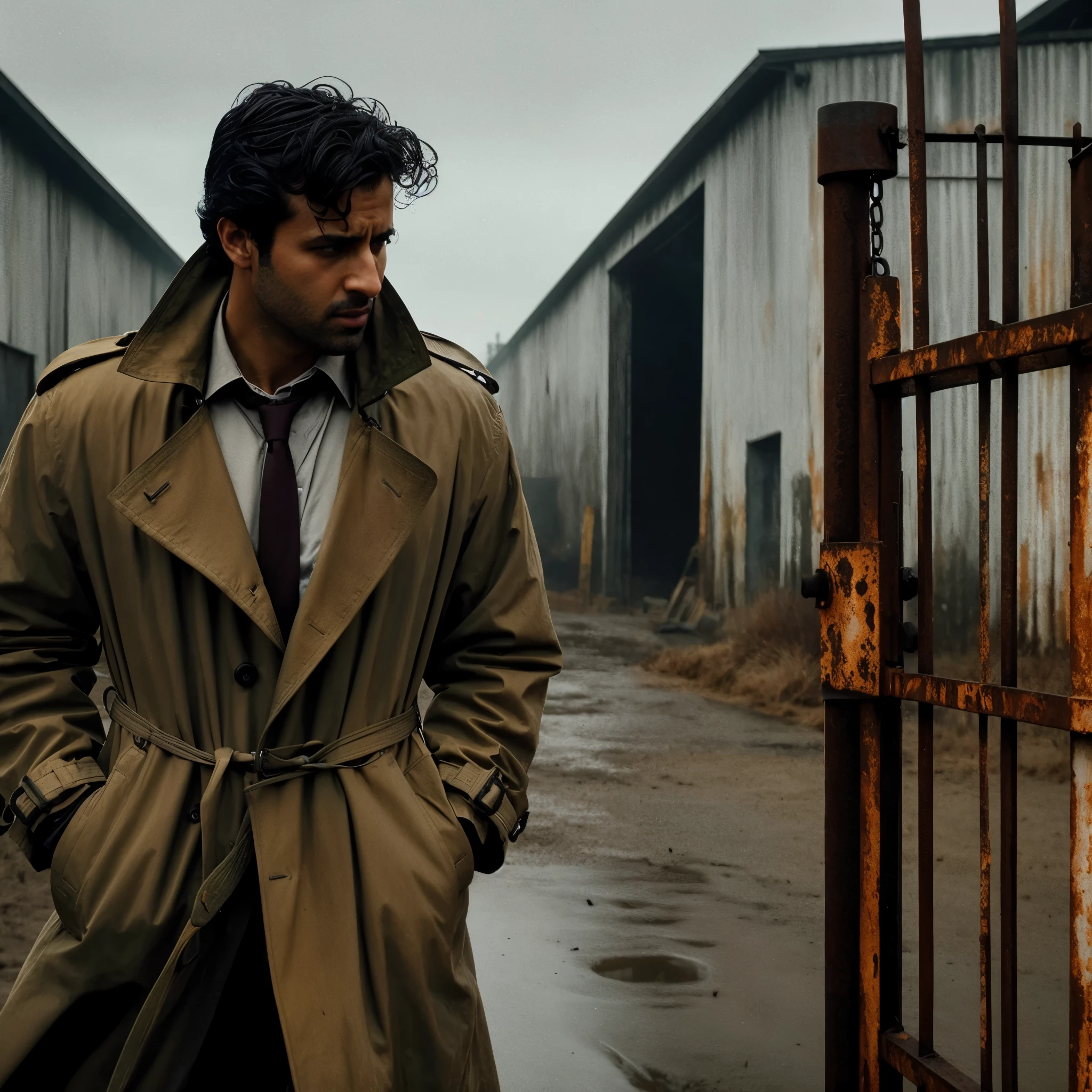 arafed man in trench coat standing in front of a rusty gate, he is wearing a trenchcoat, trench coat and suit, wearing trenchcoat, trenchcoat, he is wearing a black trenchcoat, he's a hitman in peacoat, wearing a trenchcoat, detective coat, film still dnd, stunning moody cinematography, actor