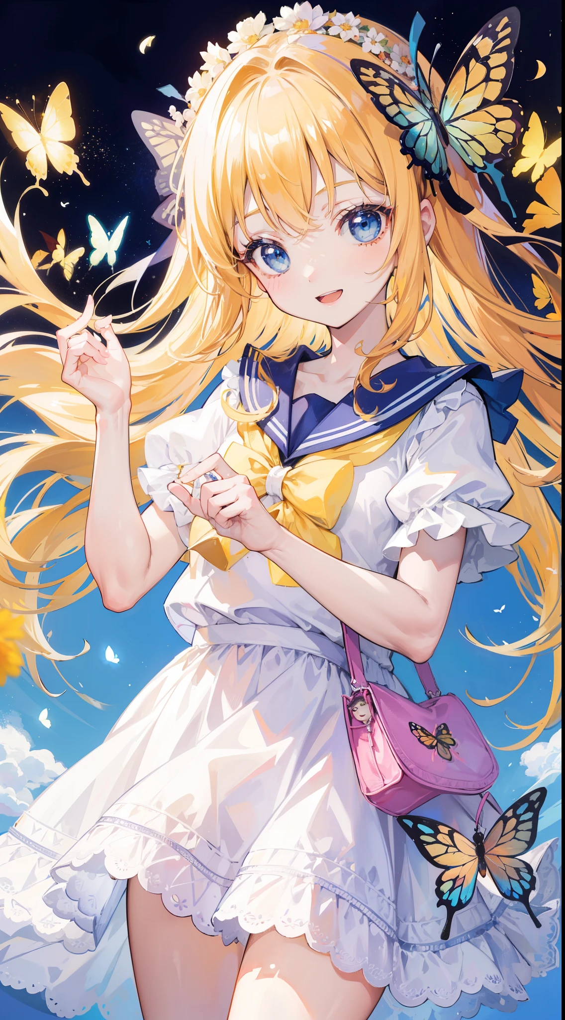 32k, ong hair, looking at viewer, smile, open mouth, bangs, blue eyes, multiple girls, blonde hair, dress, ribbon, holding, 2girls, hair ribbon, short sleeves, :d, food, sailor collar, bag, white dress, two side up, twins, yellow ribbon, macaron,