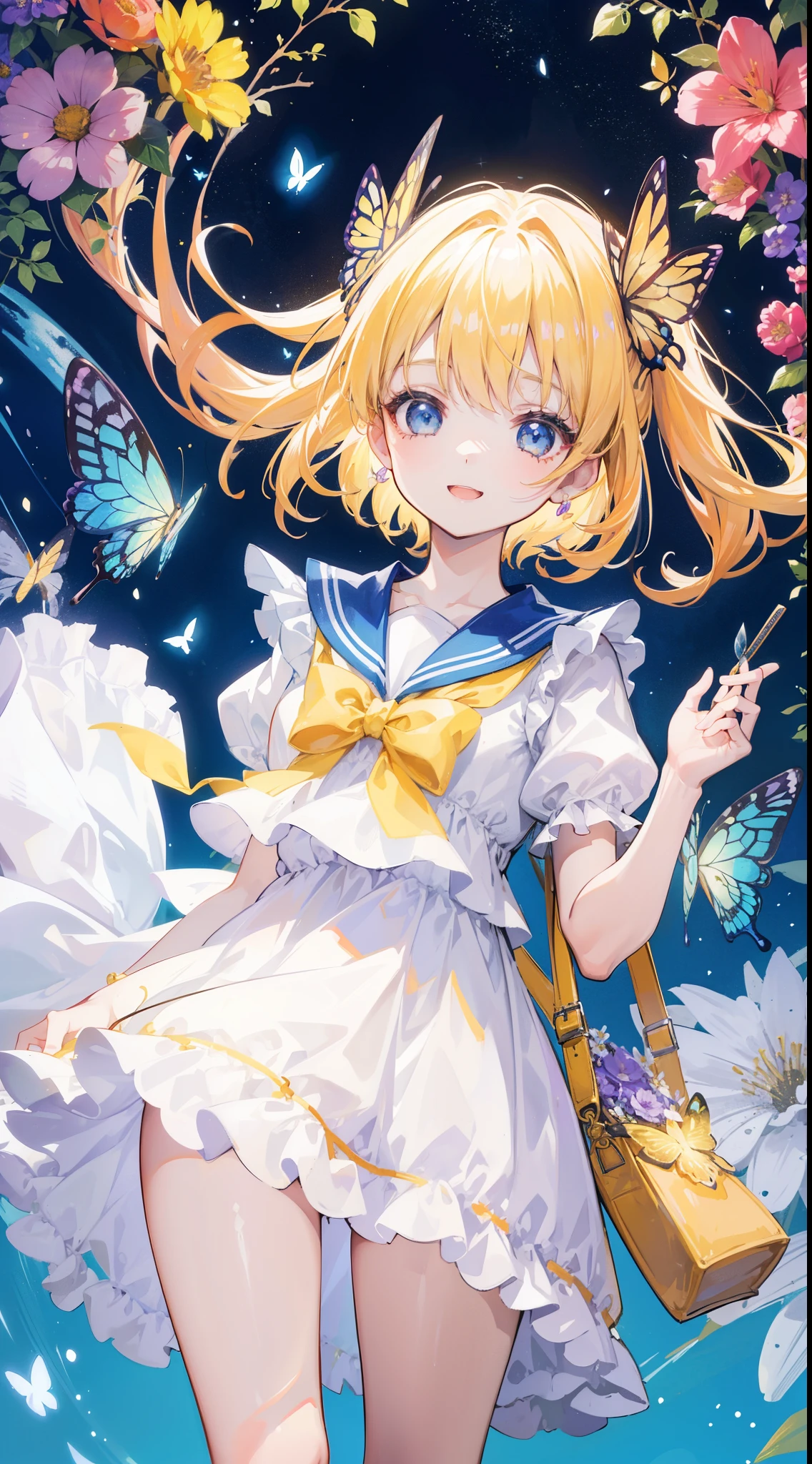 32k, (32k), (beautiful cute girl), (butterfly ornament), (butterfly dress), ((many butterflies)), (((background of many flowers
))), (((bright background))), (beautiful world), (cute world), smile, ong hair, looking at viewer, smile, open mouth, bangs, blue eyes, multiple Children, blonde hair, dress, ribbon, holding, 2Children, hair ribbon, short sleeves, :d, food, sailor collar, bag, white dress, two side up, twins, yellow ribbon, macaron,