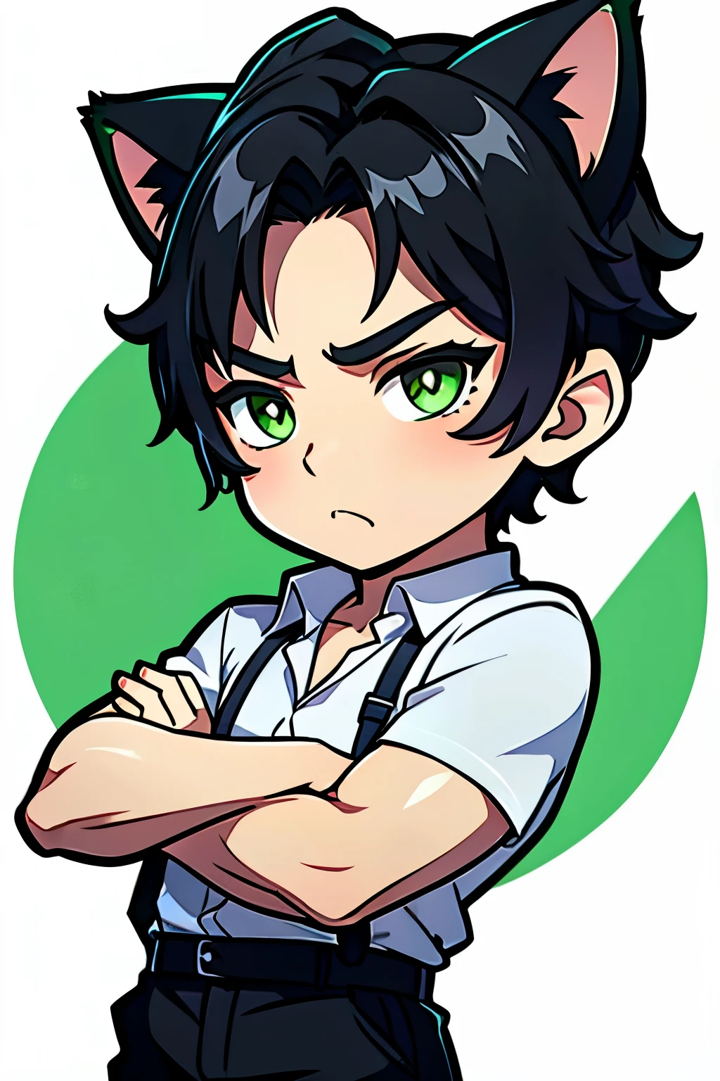 chibi Young man with black hair and green eyes pouting and crossing arms, cat ears and pupils, white shirt