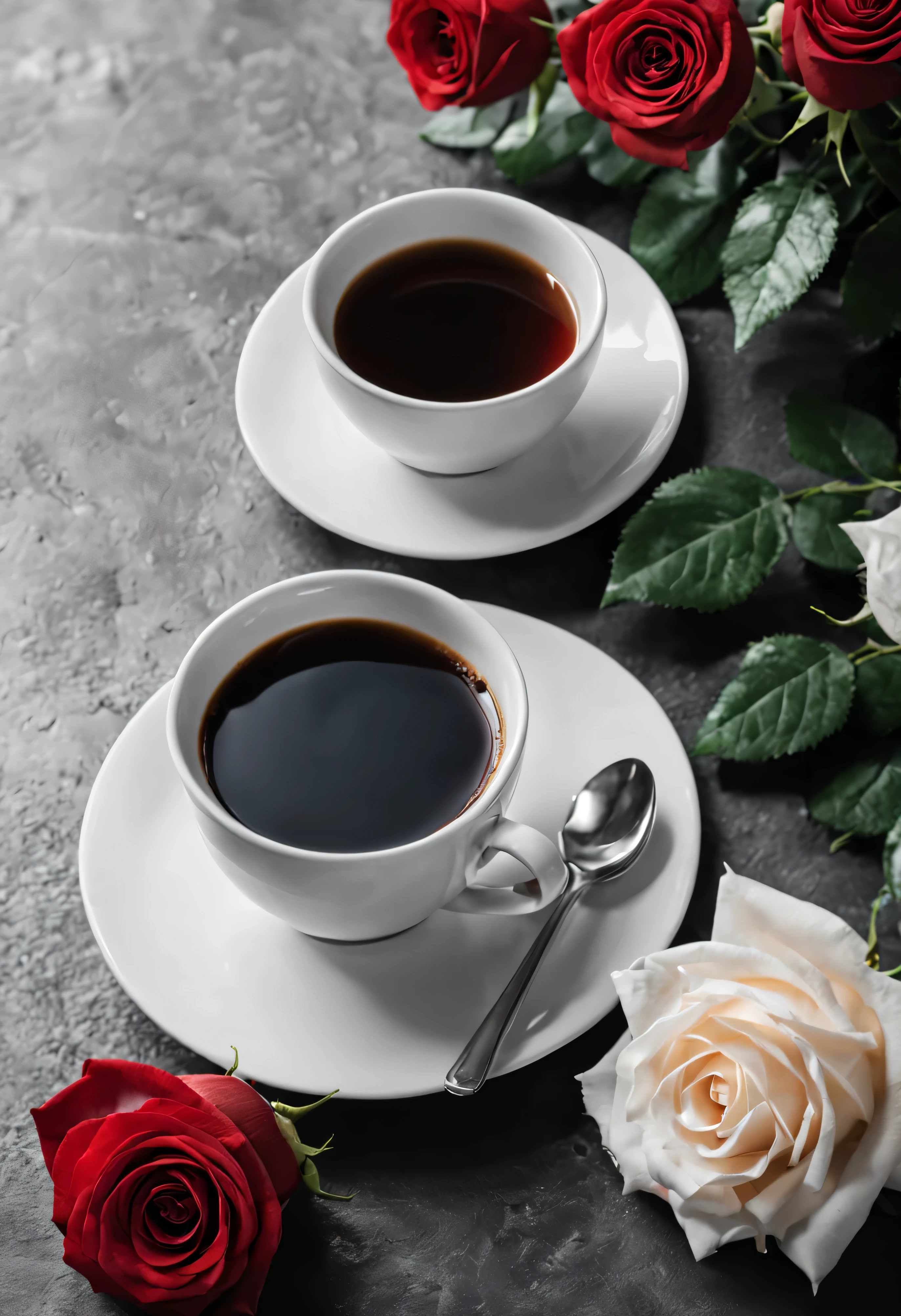 black and white photo of a a cup of coffee,A bouquet of red roses flat lay. Flick, Art, hot coffee, steaming coffee, full of steaming coffee, a cup of coffee, ☕ on the table, morning coffee, Yes ((drink a tea)), black and white), coffee smell, Drink coffee, black and white color aesthetic(best quality,4K,8k,high resolution,masterpiece:1.2),super detailed.Contrast of light and shadow.leave blank