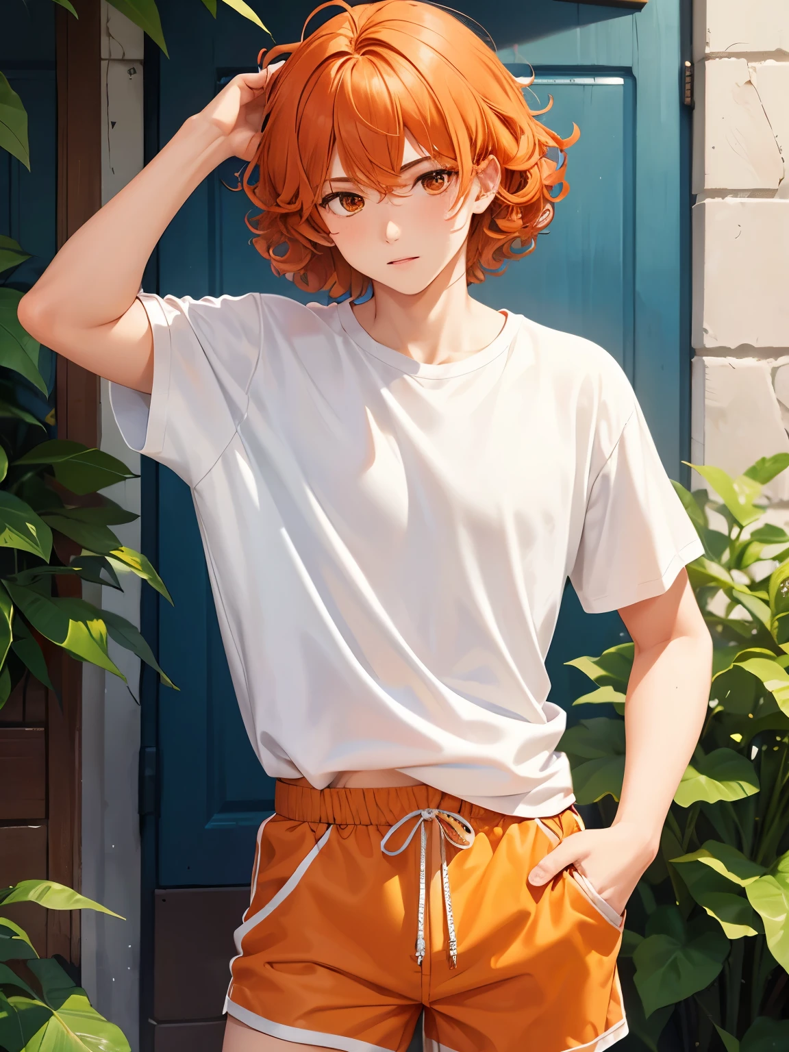 1young man,18 years old,Curly hair,undercut hair,orange hair, white shirt, shorts, squatting, scared expression, hands on head, ultra detail, perfect face, hd face, detailed face, masterpiece 