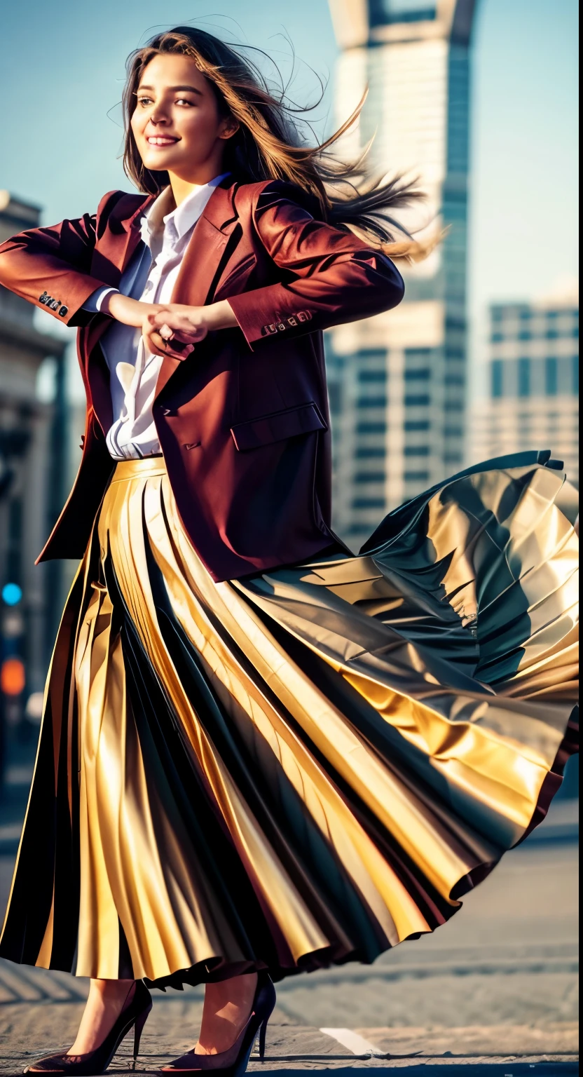 A smiling, authentic, (shy:1,3), kind, beautiful woman, is passionately in love with her skirt, while wind lifts her skirt, wearing short blazer and very very detailed (long (fully pleated) full circle skirt) and (low heeled court shoes), very very intricate hyper-detailed symmetric (attractive graceful young feminine face) with (sad, tired eyes and a loving smile), large breasts, full of empathy and compassion and love, (pronounced (feminine) features), (highly detailed ultra accurate realistic) hands and fingers, (windy), epic composition, highly detailed attributes, (35mm f1.4 Kodak portra 400 photograph), extremely high quality RAW photograph, highly detailed atmosphere, sci-fi, cinematic shot, dynamic lighting, 75mm, Technicolor, Panavision, cinemascope, sharp focus, fine details, 8k, HDR, realism, realistic, key visual, film still, superb cinematic color grading, depth of field
