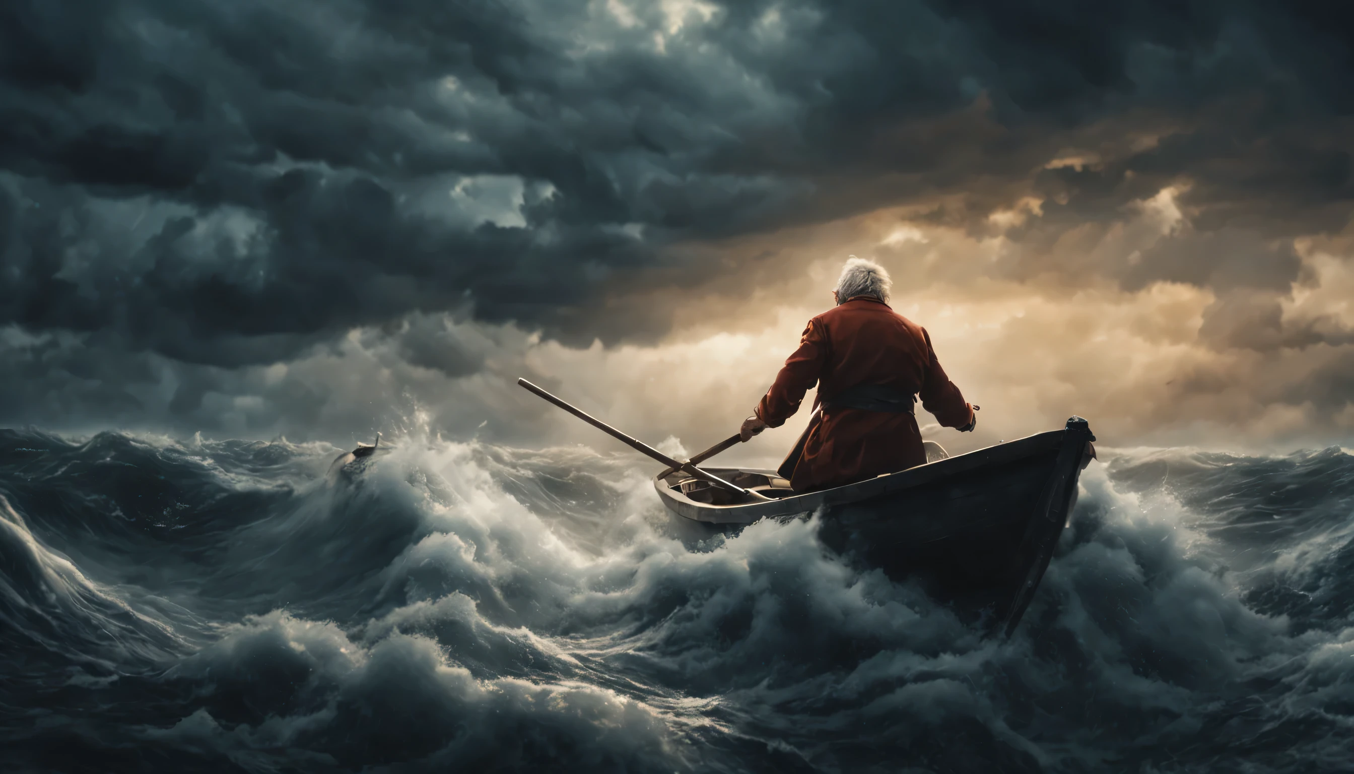 A man on a small boat fights a terrible storm. In epic style, epic storm, Cinematic, the old man and the sea masterpiece, 8K