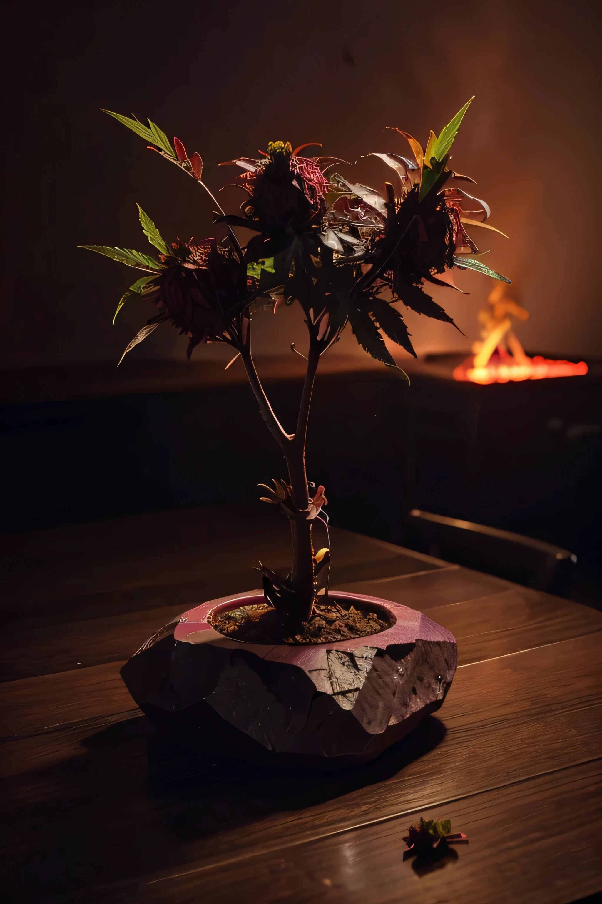 there is a piece of red weed sitting on a table, nug pic, red haze, some red and purple, red and obsidian neon, mangeta smoke red light, some purple, with red haze, made of lava, purple haze, 4 2 0, 420, buds, deeply hyperdetailed