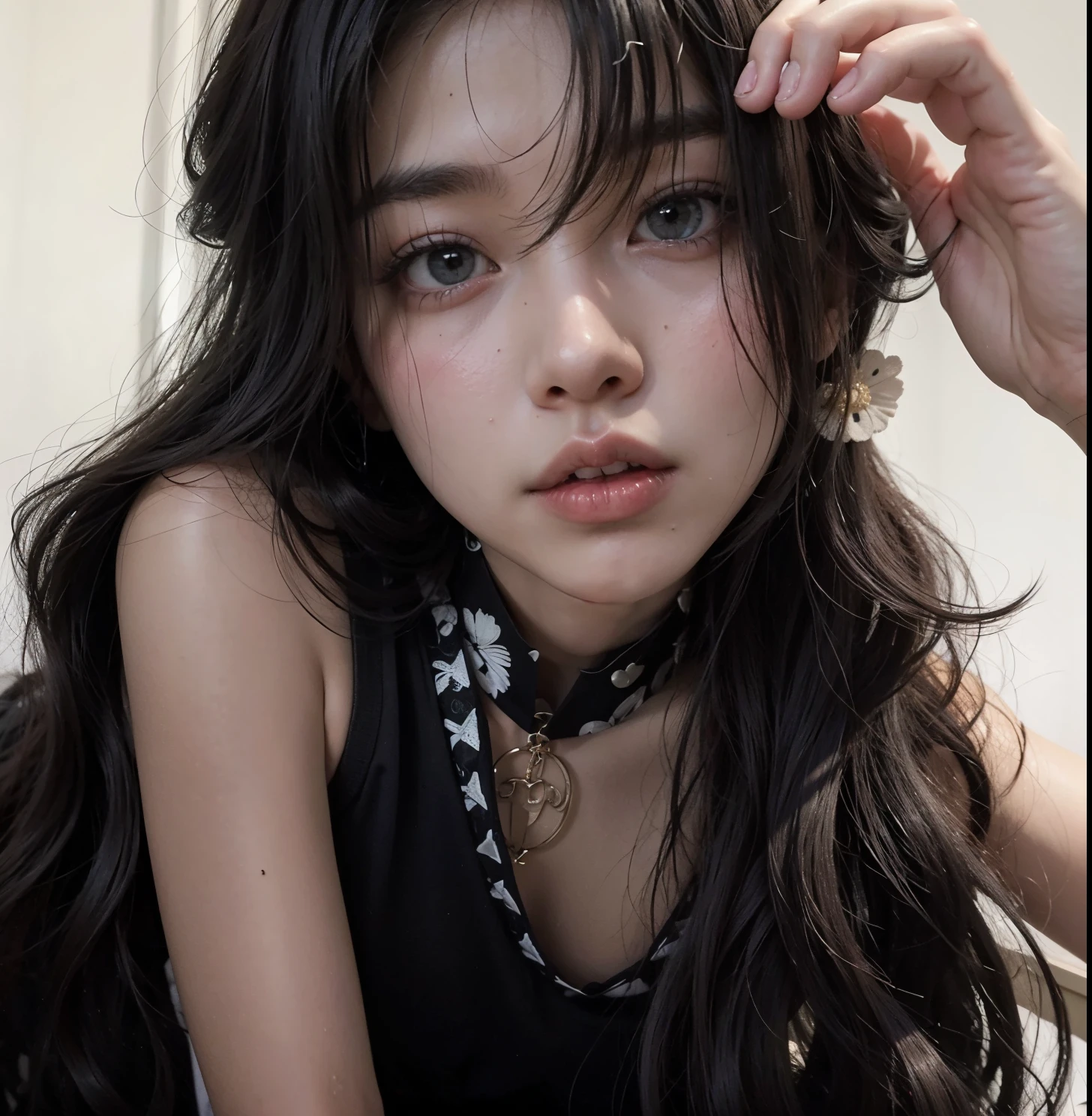 there is a young woman with long hair wearing a black top, ulzzang, cruel korean goth girl, jinyoung shin, she has black hair with bangs, blackpink jennie, heonhwa choe, korean girl, jossi of blackpink, goth girl aesthetic, jaeyeon nam, 🤤 girl portrait, young adorable korean face, young cute wan asian face