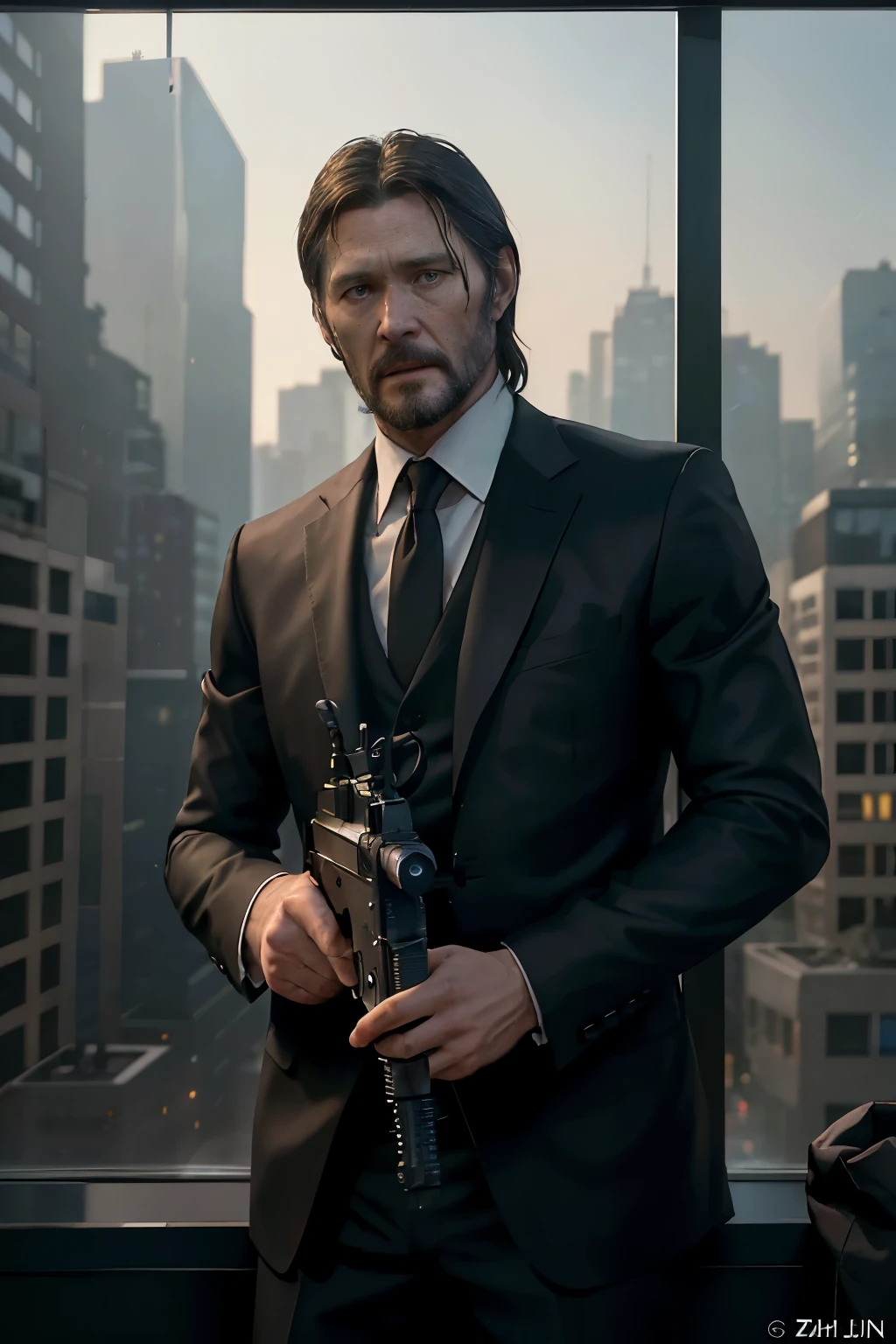 In the heart of the city, under the cover of night, a cinematic scene unfolds. With a keen sense of tension, the camera zooms in on the figure of Willem Dafoe, a professional assassin, perched on the edge of a high-rise building. His steely gaze is fixed on his target: John Wick. In his hands, the Orsis T-5000 rifle, a weapon of precise and deadly accuracy, is poised and ready to strike.
Through the eyes of John Wick, now visible in a window across the way, the scene takes on an air of surreal realism. The camera zooms out from the window, revealing the intr