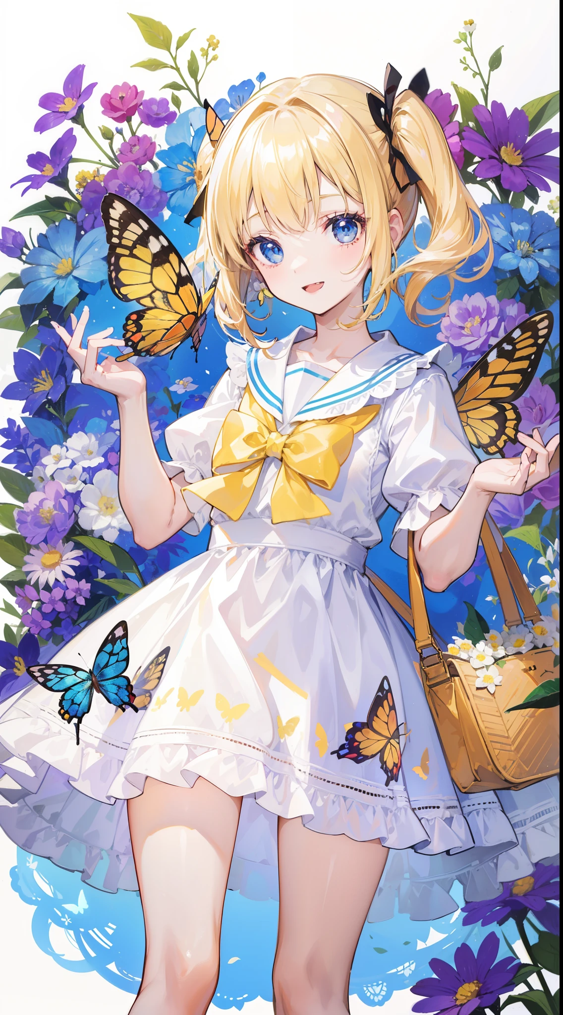 32k, (32k), (beautiful cute girl), (butterfly ornament), (butterfly dress), ((many butterflies)), (((background of many flowers
))), (((bright background))), (beautiful world), (cute world), smile, ong hair, looking at viewer, smile, open mouth, bangs, blue eyes, multiple Children, blonde hair, dress, ribbon, holding, 2Children, hair ribbon, short sleeves, :d, food, sailor collar, bag, white dress, two side up, twins, yellow ribbon, macaron,