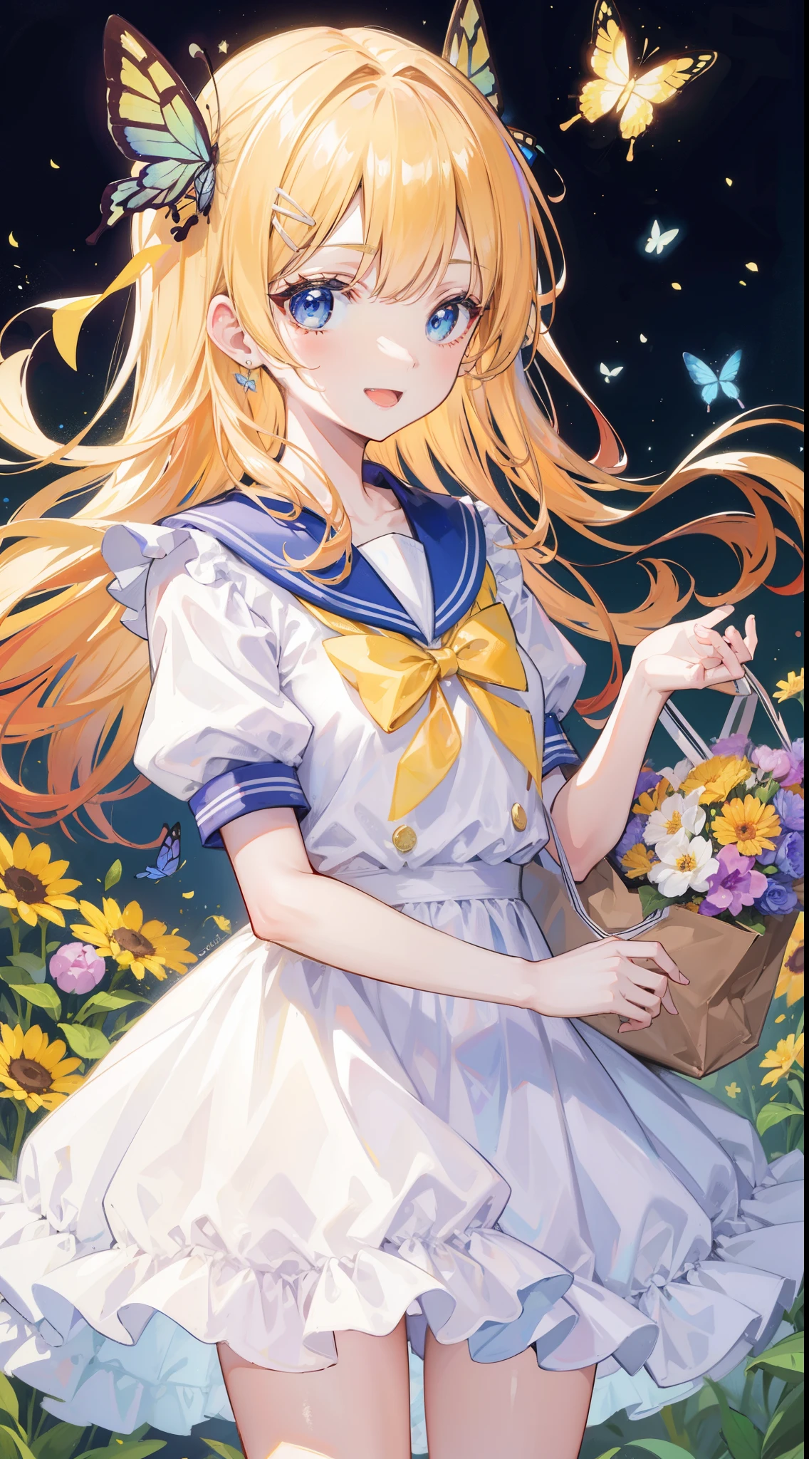 32k, (32k), (beautiful cute girl), (butterfly ornament), (butterfly dress), ((many butterflies)), (((background of many flowers
))), (((bright background))), (beautiful world), (cute world), smile, ong hair, looking at viewer, smile, open mouth, bangs, blue eyes, multiple Children, blonde hair, dress, ribbon, holding, 2Children, hair ribbon, short sleeves, :d, food, sailor collar, bag, white dress, two side up, twins, yellow ribbon, macaron,