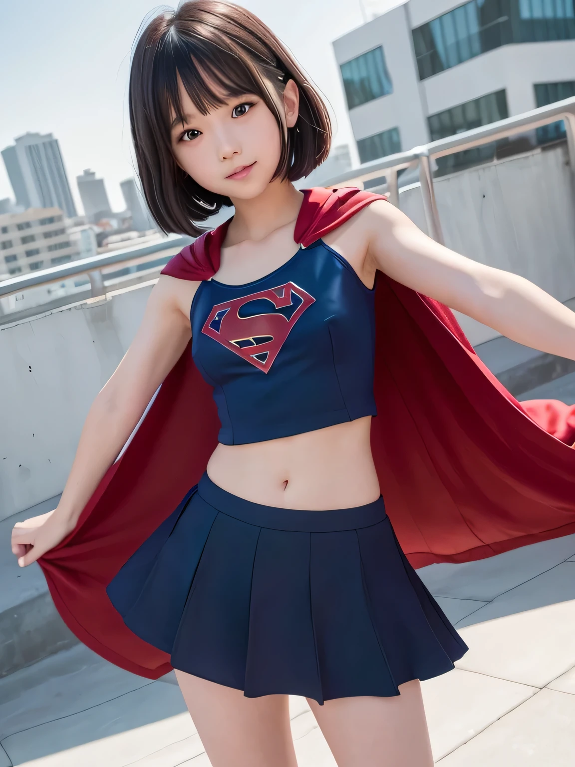 A very elementary school student is wearing Supergirl clothes..、masterpiece、highest quality、Spreading black hair、bob cut with trimmed ends、(flat chest)、lolicon、red cloak、belly button、Glowing heart particles dance in the air、Rooftop background with pool、whole body、smile