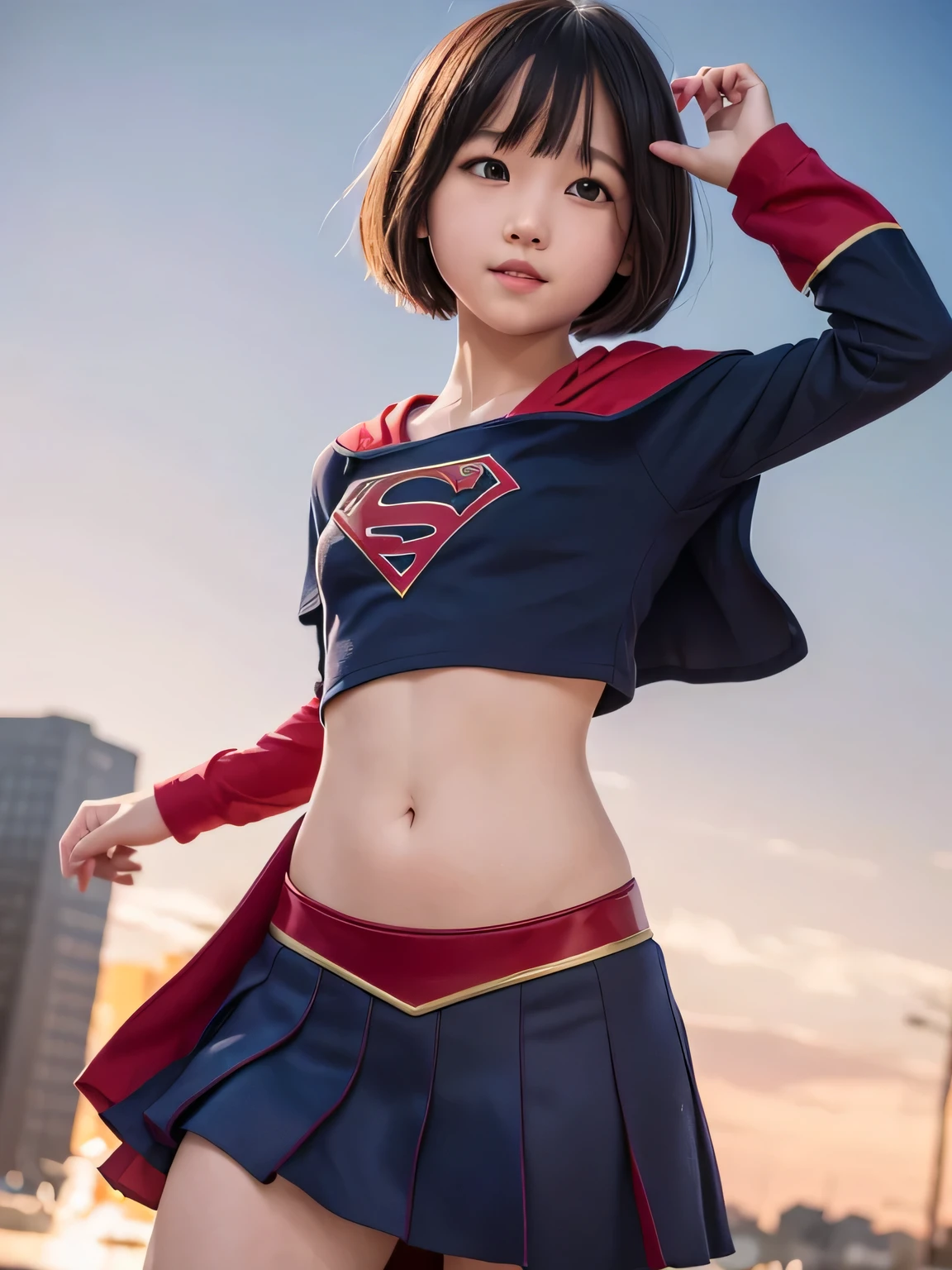 A very elementary school student is wearing Supergirl clothes..、masterpiece、highest quality、Spreading black hair、bob cut with trimmed ends、(flat chest)、lolicon、red cloak、belly button、Glowing heart particles dance in the air、Rooftop background with pool、whole body、smile