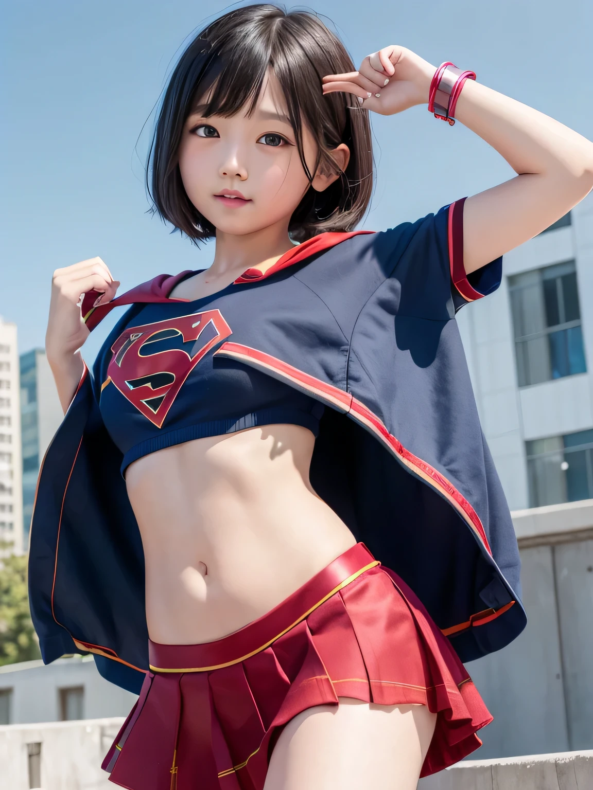 A very elementary school student is wearing Supergirl clothes..、masterpiece、highest quality、Spreading black hair、bob cut with trimmed ends、(flat chest)、lolicon、red cloak、belly button、Glowing heart particles dance in the air、Rooftop background with pool、whole body、smile