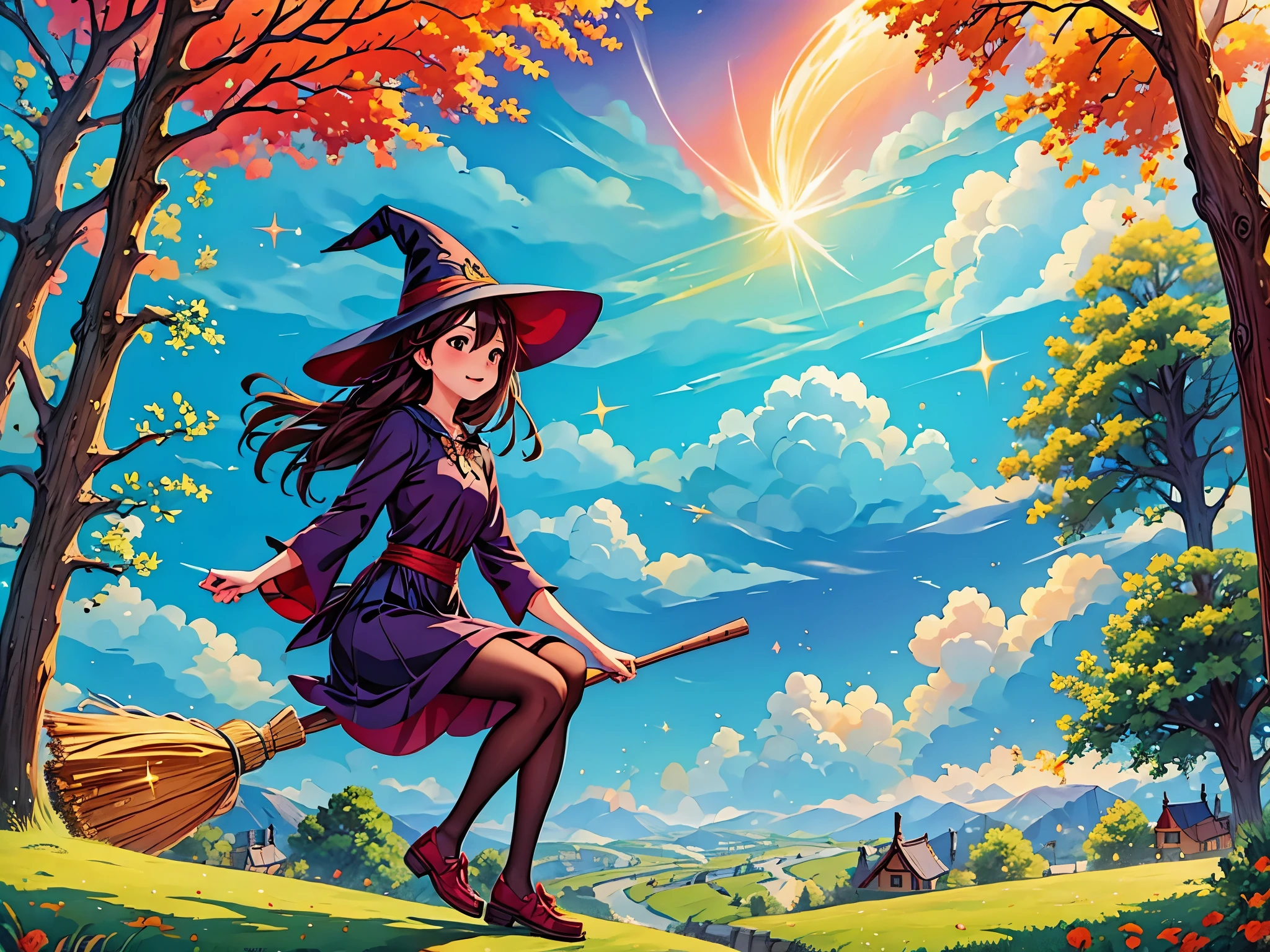 1 girl, alone,Flying Witch,broom ride,nice background,outdoor,Magic Effects,Light,beautiful,sparkle,detailed,forest,(masterpiece, highest quality:1.2), 