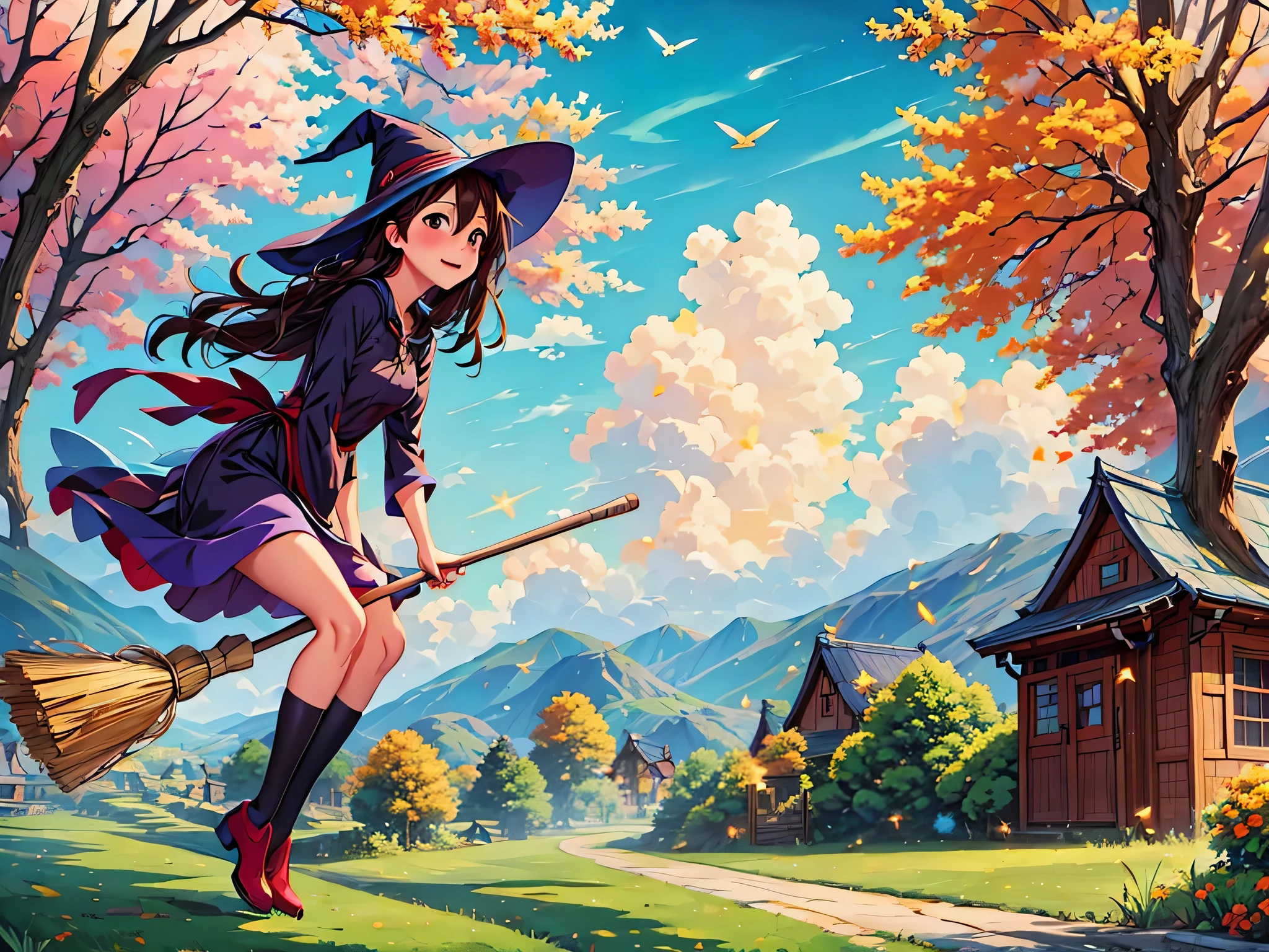 1 girl, alone,Flying Witch,Broom ride,nice background,outdoor,magic effect,light,beautiful,shine,be familiar with,forest,(masterpiece, highest quality:1.2), 