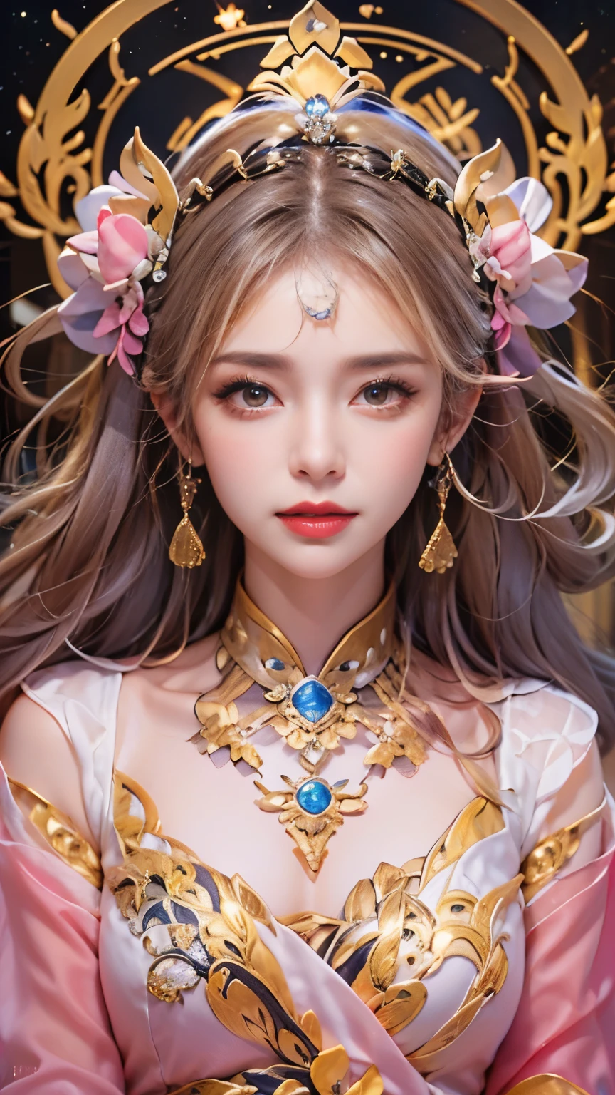 未来から来た十二支のgoddess, 胸を隠すために干支のgoddessのアオザイを着る, goddess,pink,黄道帯のgoddessは明るいイエローゴールドの胴着を着ています, goddessは明るいピンク紫の黄道帯のオーラを放射します, 星は12constellationの形をしている, 多くの黒いディテールが施された着物を着た黄道帯のgoddess, 未来から来た神話上の12constellationのgoddess, constellation , zodiac style, dark and mysterious version, Plump , Red lips are balanced and very beautiful, Characters by Karol Bak and Pino Daeni, intricate details, detailed background, many objects in the background, very detailed, magic lighting, woman, clearly drawn face, beautiful face and symmetrical eyes, Big round eyes and very beautiful and detailed makeup, distant focus, silk clothes, mysterious ornaments, upper body portrait, arms are loose