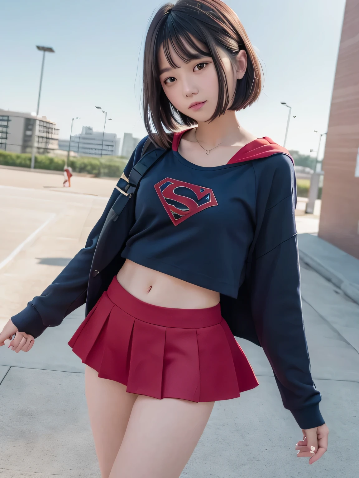 A very elementary school student is wearing Supergirl clothes..、masterpiece、highest quality、Spreading black hair、bob cut with trimmed ends、(flat chest)、con、red cloak、belly button、Glowing heart particles dance in the air、Rooftop background with pool、whole body、smile