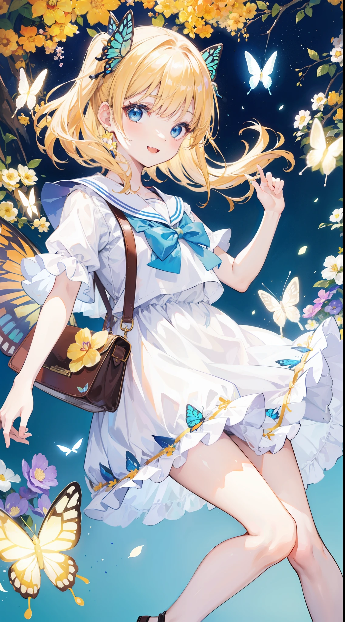 32k, (32k), (beautiful cute girl), (butterfly ornament), (butterfly dress), ((many butterflies)), (((background of many flowers
))), (((bright background))), (beautiful world), (cute world), smile, ong hair, looking at viewer, smile, open mouth, bangs, blue eyes, multiple Children, blonde hair, dress, ribbon, holding, 2Children, hair ribbon, short sleeves, :d, food, sailor collar, bag, white dress, two side up, twins, yellow ribbon, macaron,