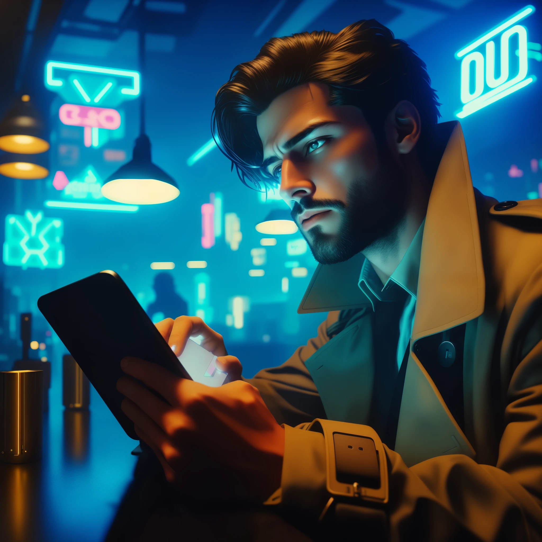 arafed man in a trench coat looking at a cell phone, beaten tech. neo noir style, cyberpunk with neon lighting, cyberpunk lut, cyberpunk dude, looking at his phone, cyberpunk lighting, reminiscent of blade runner, in a cyberpunk setting, blade runner vibes, cyberpunk noir, synthwave, portrait of a cyberpunk man, tech noir, synthwave style