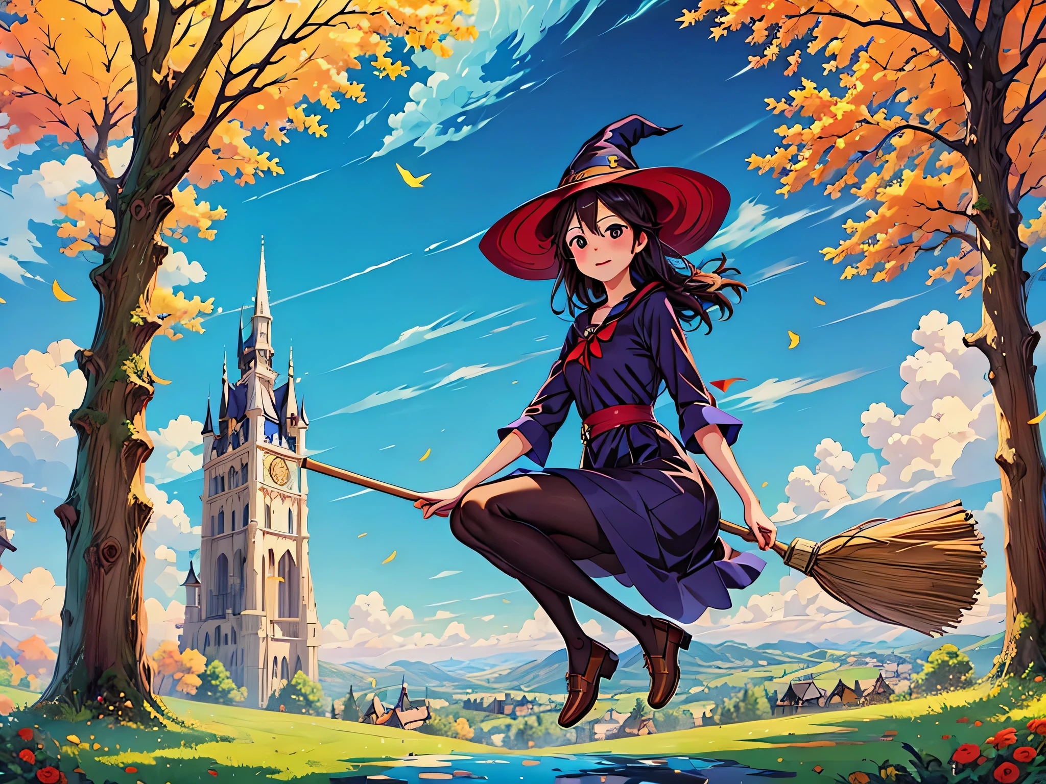 (masterpiece, highest quality:1.2), 1 girl, alone,Flying Witch,Broom ride,nice background,outdoor,magic effect,light,beautiful,shine,be familiar with,forest