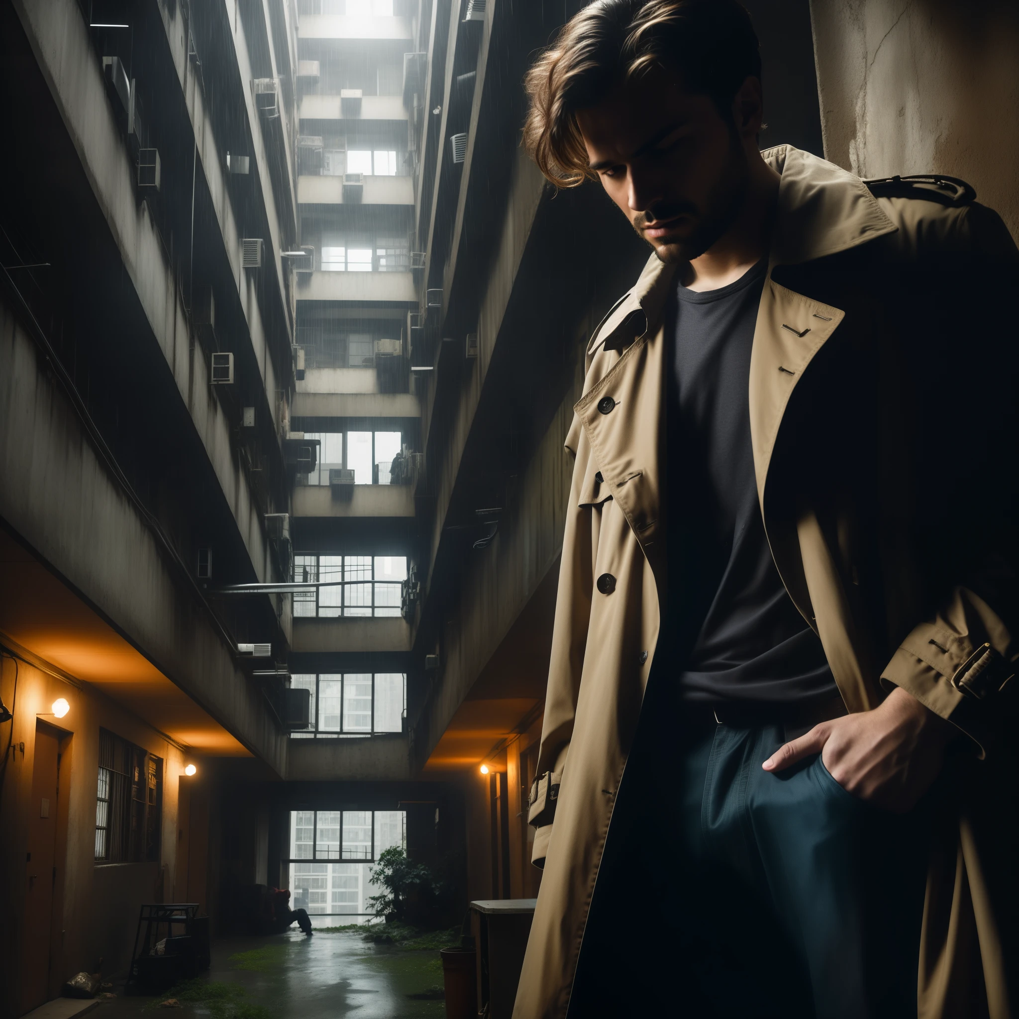 arafed man in trench coat standing in a building hallway, he is wearing a trenchcoat, moody strange cinematography, detailed cinematic photography, still from a live action movie, cinematic outfit photo, movie still 8 k, dramatic cinematic shot, neo noir style, 8 k movie still, matte painting portrait shot, cinematic contrasted lighting, neo - noir style