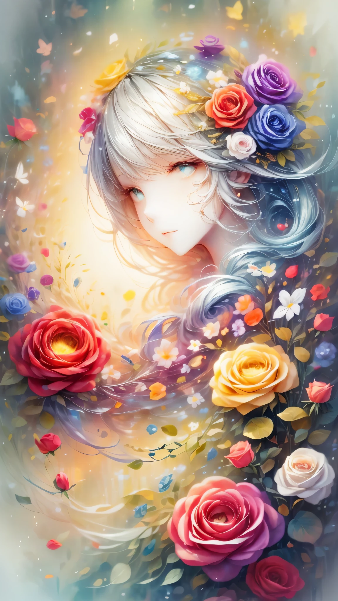 (Side face beauty,long colored hair,close eyes,masterpiece roses),Rainbow color background, (illustration:1.2,paper art:1.2, Zentangle:1.2, 3d rendering),(best quality, detailed details, masterpiece, official art, Lighting effects, 4K, chiaroscuro)