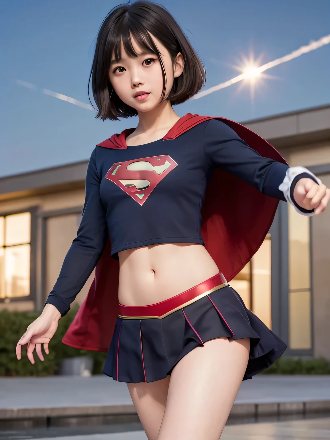 A  is wearing Supergirl clothes..、masterpiece、highest quality、Spreading black hair、bob cut with trimmed ends、(flat chest)、lolicon、red cloak、belly button、Glowing heart particles dance in the air、Rooftop background with pool、whole body、smile