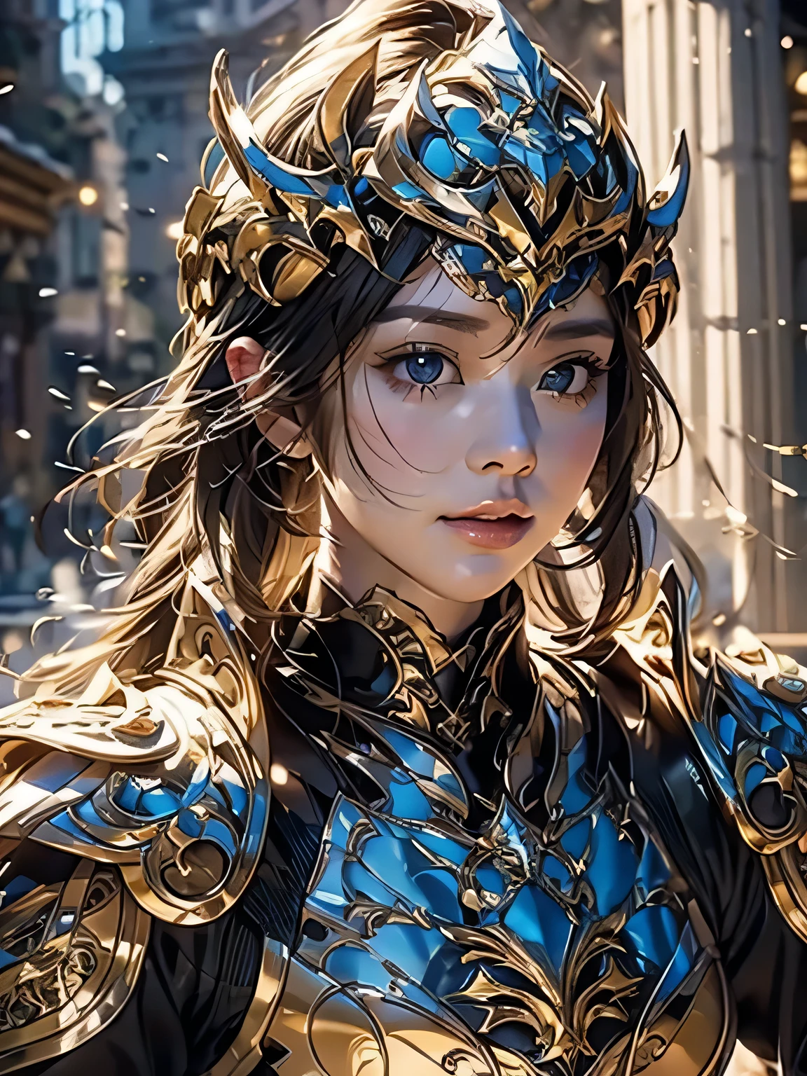 （masterpiece、top quality、raw、analog style）、sharp focus、Stunning portrait of a beautiful woman、4/5 shots、short blonde hair、((very detailed 피부、Skin Details))、Perfect physique、article&#39;Armor with intricate patterns、full armor、full face helmet、church square at sunset、holding a knife、eyebrows rise、piercer、very detailed、battle stance、Detailed hand description、Detailed chest description