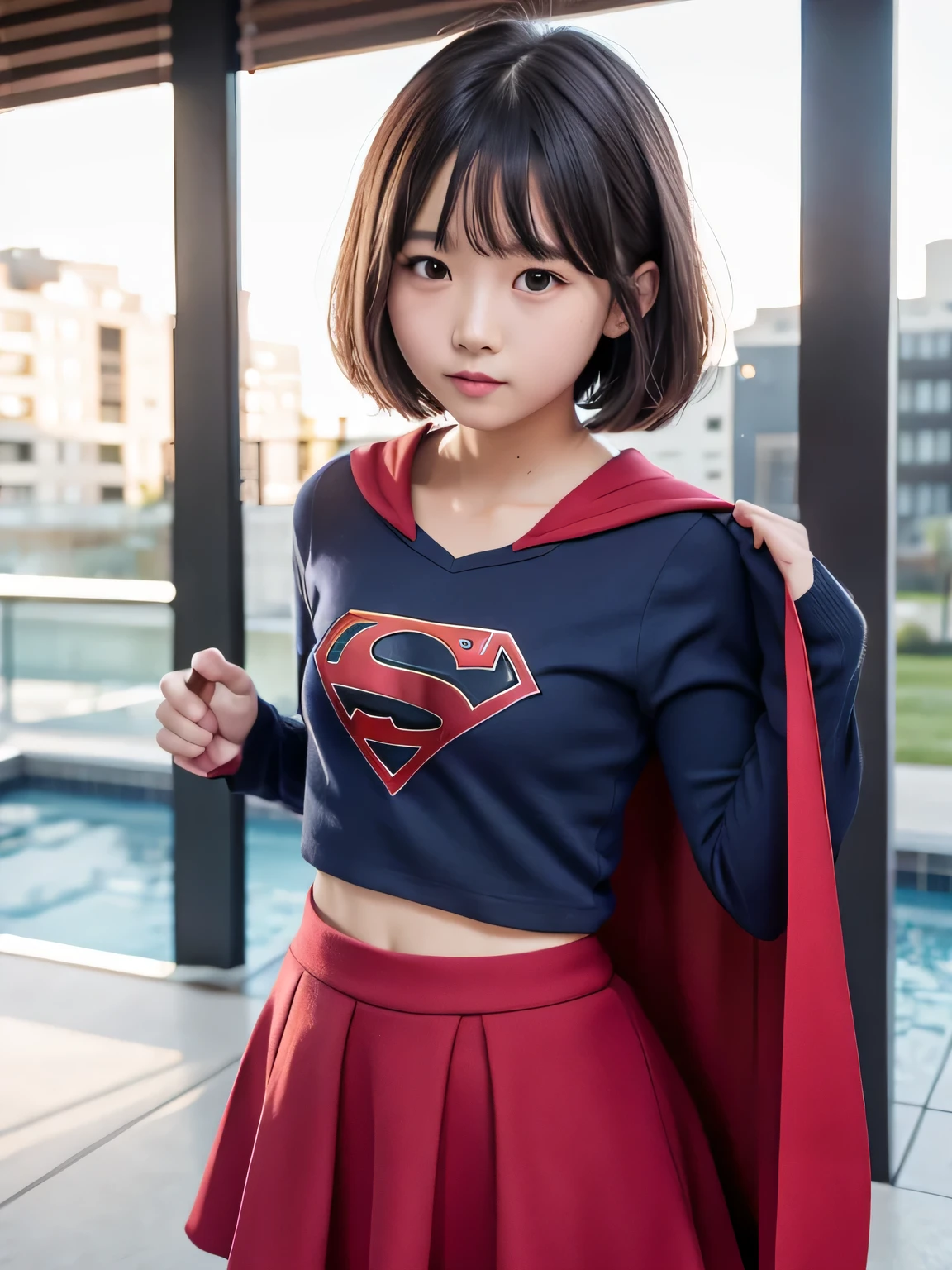 A very elementary school student is wearing Supergirl clothes..、masterpiece、highest quality、Spreading black hair、bob cut with trimmed ends、(flat chest)、lolicon、red cloak、belly button、Glowing heart particles dance in the air、Rooftop background with pool、whole body、smile