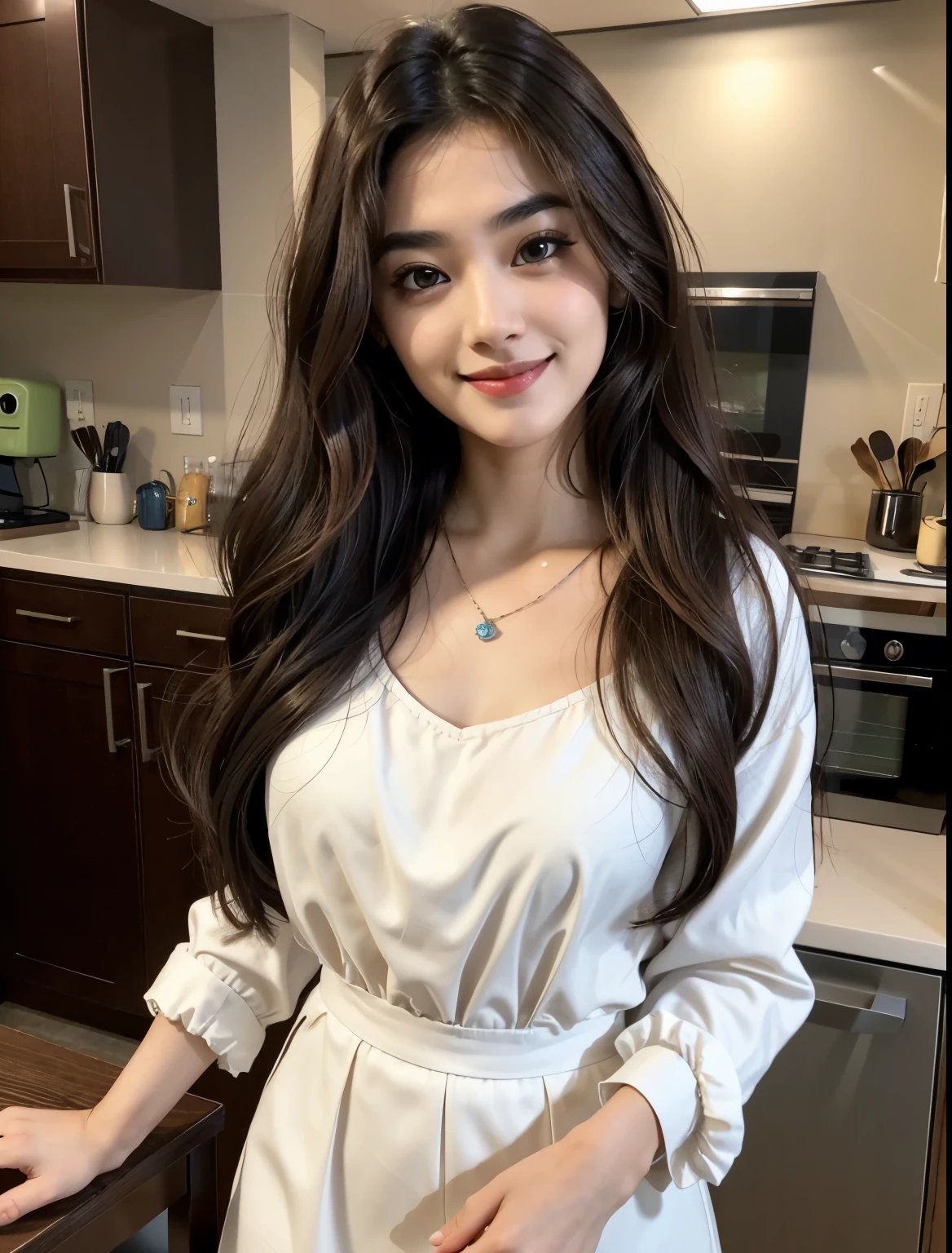 raw, analog style, Beautifully, best quality, Ultra-detailed, fine detail, Wide-angle lens, rich and colorful, (Perfect body, perfect face), 详细whole body, (beautiful 30 years old Lovely马来妹: 1.3), soft lips, (light eyebrows: 1.4), 1 female, 30 years old, Sporty beauty, focus only, healthy figure, healthy brown skin, Dark skin, soft lips, ( light eyebrows: 1.4), Shiny brown eyes, Long wavy black hair, naturally messy hair, medium bust, 精致的modern furniture, flowing hair(Circle hair), beautiful and Beautifully eyes, Korean style tops, white skirt, Smile, best quality, ultra high resolution, (realism: 1.4), hyperrealism, 1 girl, Smile, Lovely, whole body, C cup, small breasts, covered breast, Lovely charming round face, Very detailed, Beautifully collarbone, sapphire necklace, charming figure, Light green girl&#39;s dress, Smile, at home kitchen, large kitchen, White cabinets, modern home, modern furniture, Red wine glass, playful gesture