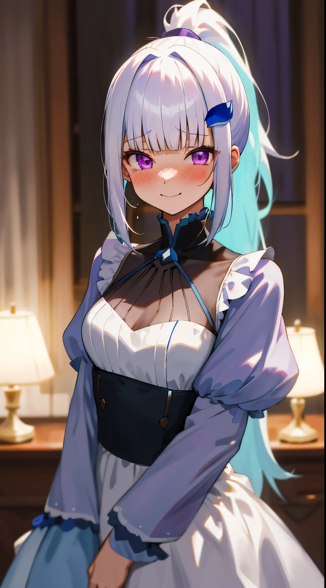 One girl with high ponytail hair, blunt bangs, white hair, blue inner hair:1.25) , purple eyes, looking at viewer, blushing, little smile, tears, night gown, bare hands, indoor, bedroom, standing, dizzy, mid-chest, night atmosphere, hair ornament, medium breasts, upper body, focus, blurry background