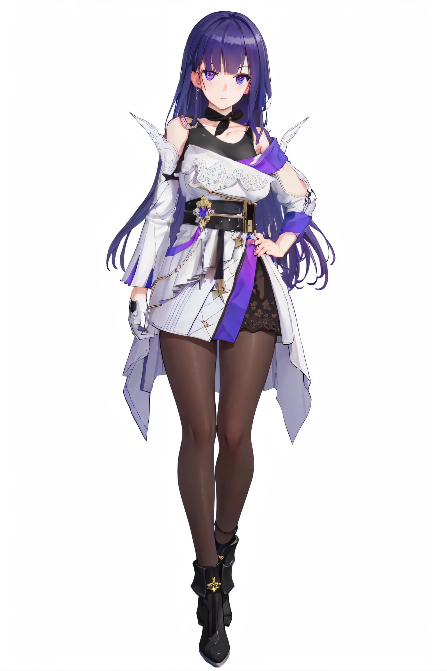 houbeng,raiden mei,1girl,long hair,purple eyes,purple hair,bangs,
BREAK (black footwear,pantyhose,single glove:1.2),
BREAK (full body:1.3), standing,looking at viewer,(solo:1.4),hand on hip,
BREAK (white background, simple background:1.6),
BREAK (masterpiece:1.2), best quality, high resolution, unity 8k wallpaper, (illustration:0.8), (beautiful detailed eyes:1.6), extremely detailed face, perfect lighting, extremely detailed CG, (perfect hands, perfect anatomy),