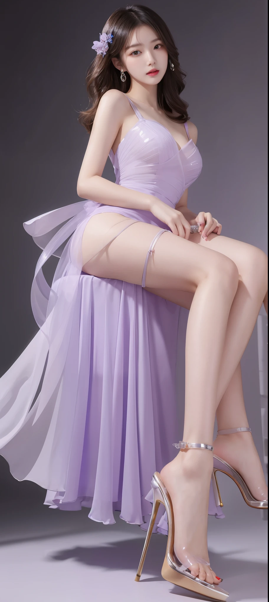 korean woman，Light purple，enchanted，chiffon，Translucent，Transparent high heels，