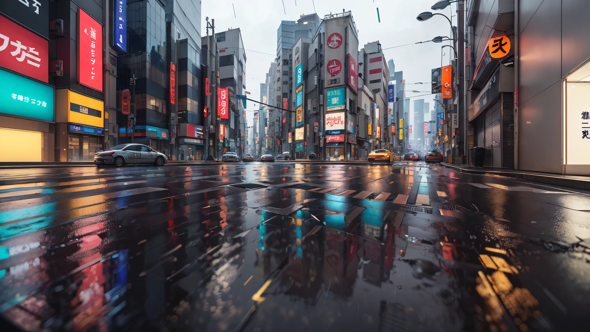 16:9,Tokyo streets,it is raining,nobody, Cyberpunk city in science fiction, empty streets, complex, Super detailed, actual, ultra-actual, high quality, Ultra-detailed, Crazy details, photorealism, 8k
