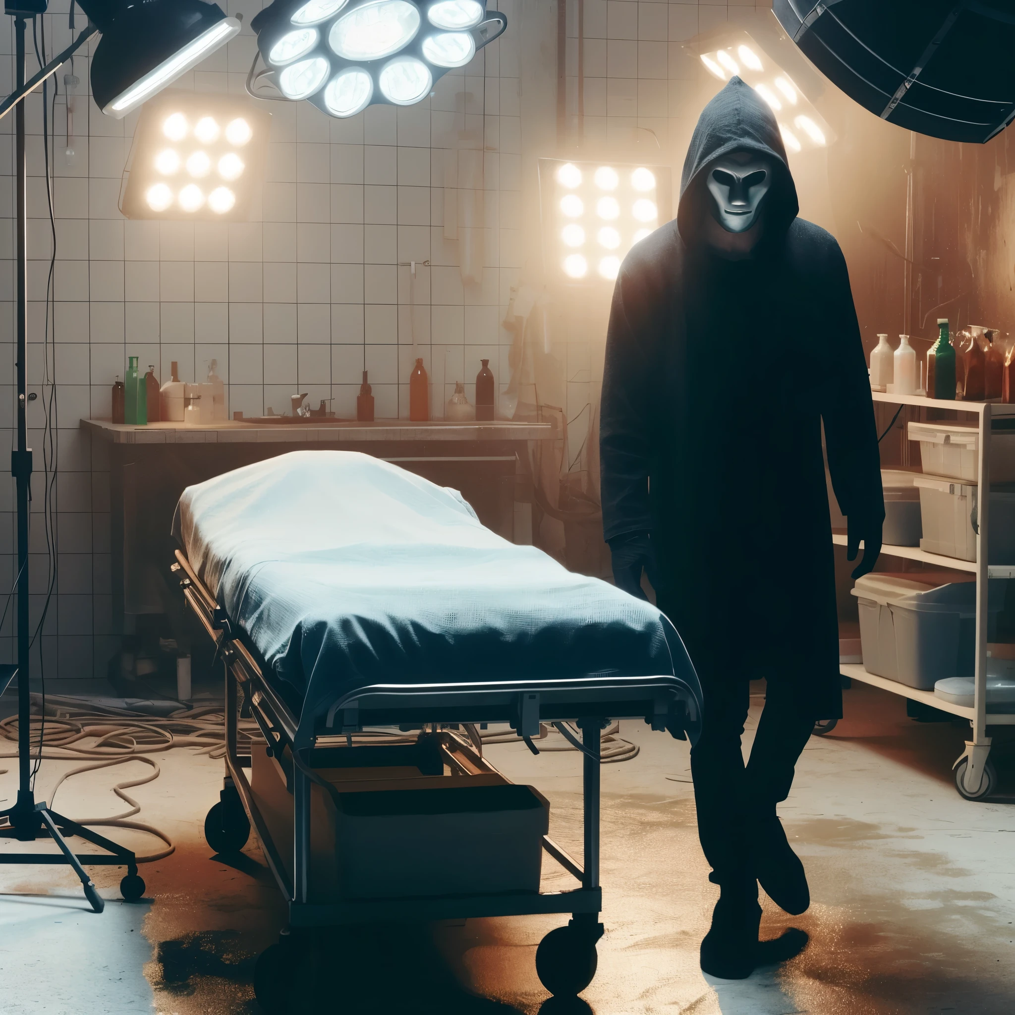 A grey silhouette stands to the right of an uncovered brown coffin in a hospital laboratory, On the left side of the silhouette there is a metal table with surgical elements on a blue background