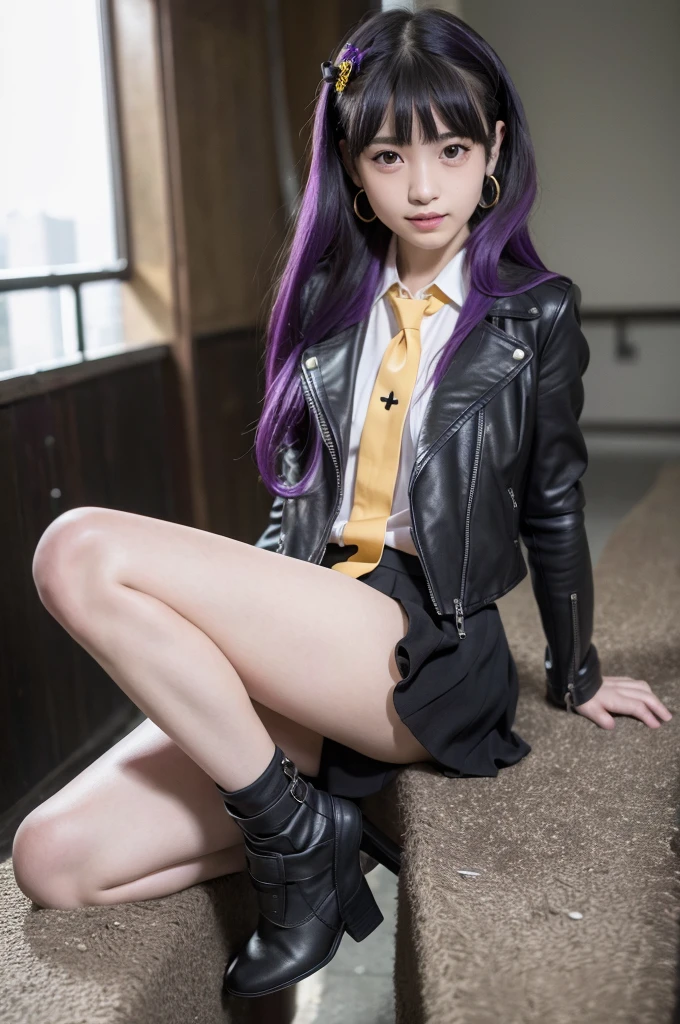 Super high quality、High definition、high contrast、Vivid colors、1 girl、、15 years oldface))、Cheeky face、(fearless smile)、realistic photo、masterpiece, highest quality, High resolution, Akyoko, long hair, ((purple hair)), side blade, dull bangs, hair ribbon, black ribbon, high collar, ((yellow tie)), (((Black leather motorcycle jacket on bare skin))), Open the front of the jacket,(おっぱいにtattoo), long sleeve, black leather gloves, black mini skirt, pleated skirt, ((black long boots)), full shot, danganronpa \(series\), (sitting on the guardrail), looking at the viewer, slender、、Leather straps on the thighs、tattoo、earrings、