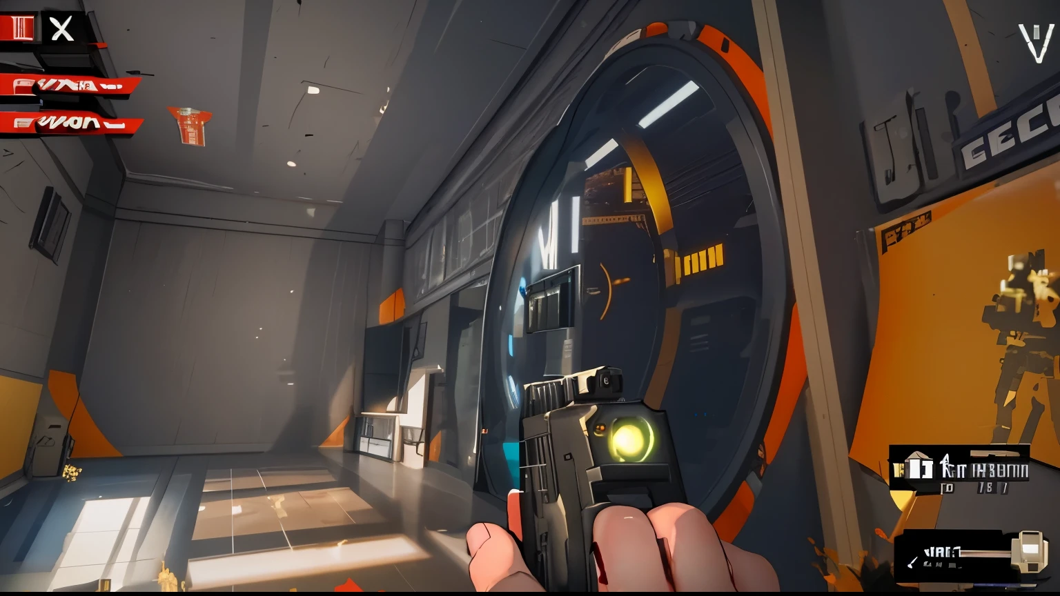 a close up of a person holding a gun in a room, first person shooter game hud, first person screenshot, first person gun, screenshot from an fps, screenshot from game, videogame screenshot, vr game, in game screenshot, video game screenshot>, fps shooter game, first-person view, first - person view, screenshot from the game, tf2 screenshot, realistic