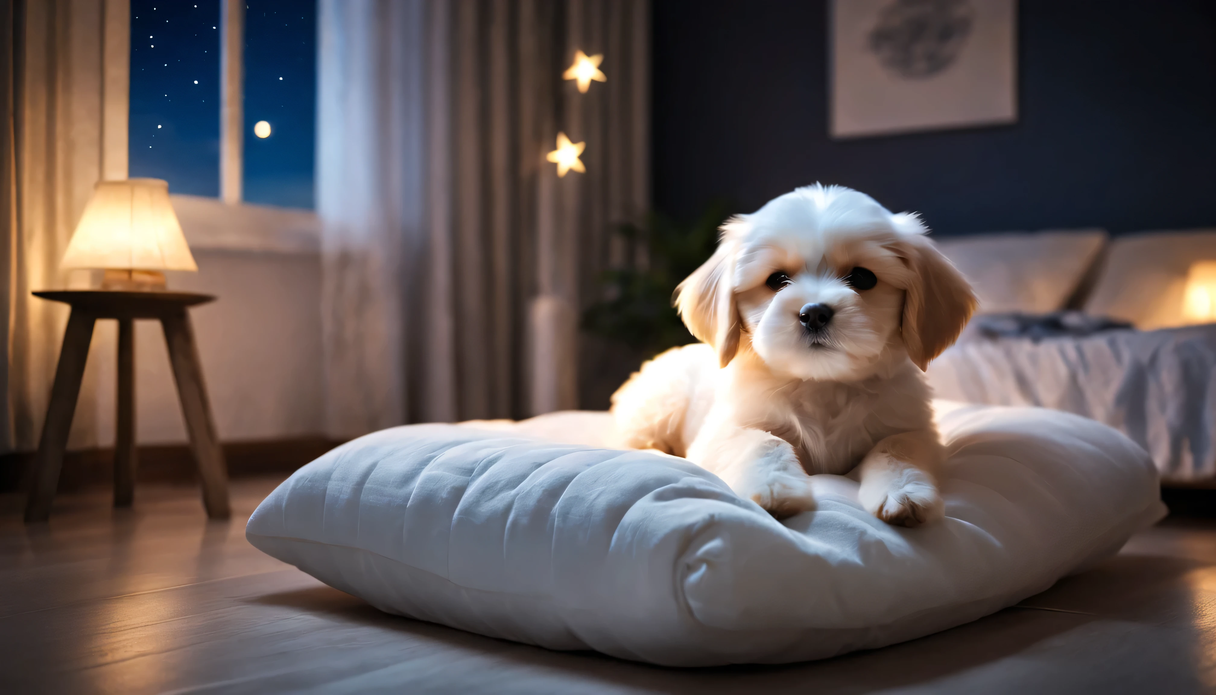 Little star is ready to sing good night song，go to sleep！(Cute puppy sleeping)In a Warm and comfortable bed，Peaceful sleep and Warmth。說晚安並祝福sleep tight.Warm.Good night with Warm wishes.quiet night，Enjoy a restful sleep。Have a nice night，The tranquility of the night is filled with beautiful dreams，The mind is soothed。Enter sweet dreams，sleep tight。sleep peacefully，Relax。Enjoy the peace and tranquility of the night，All worries disappear。sleep peacefully and peacefully，Living in harmony with the universe。White texture floor lamp.There is texture. design.ultra high definition, super detailed.（super quality，super detailed，super complex，extremely complex）Soft and natural light and shadow..unmanned.super wide angle, (Detailed texture),Background covered with film grain, natural soft light,(night view.Warm lights)