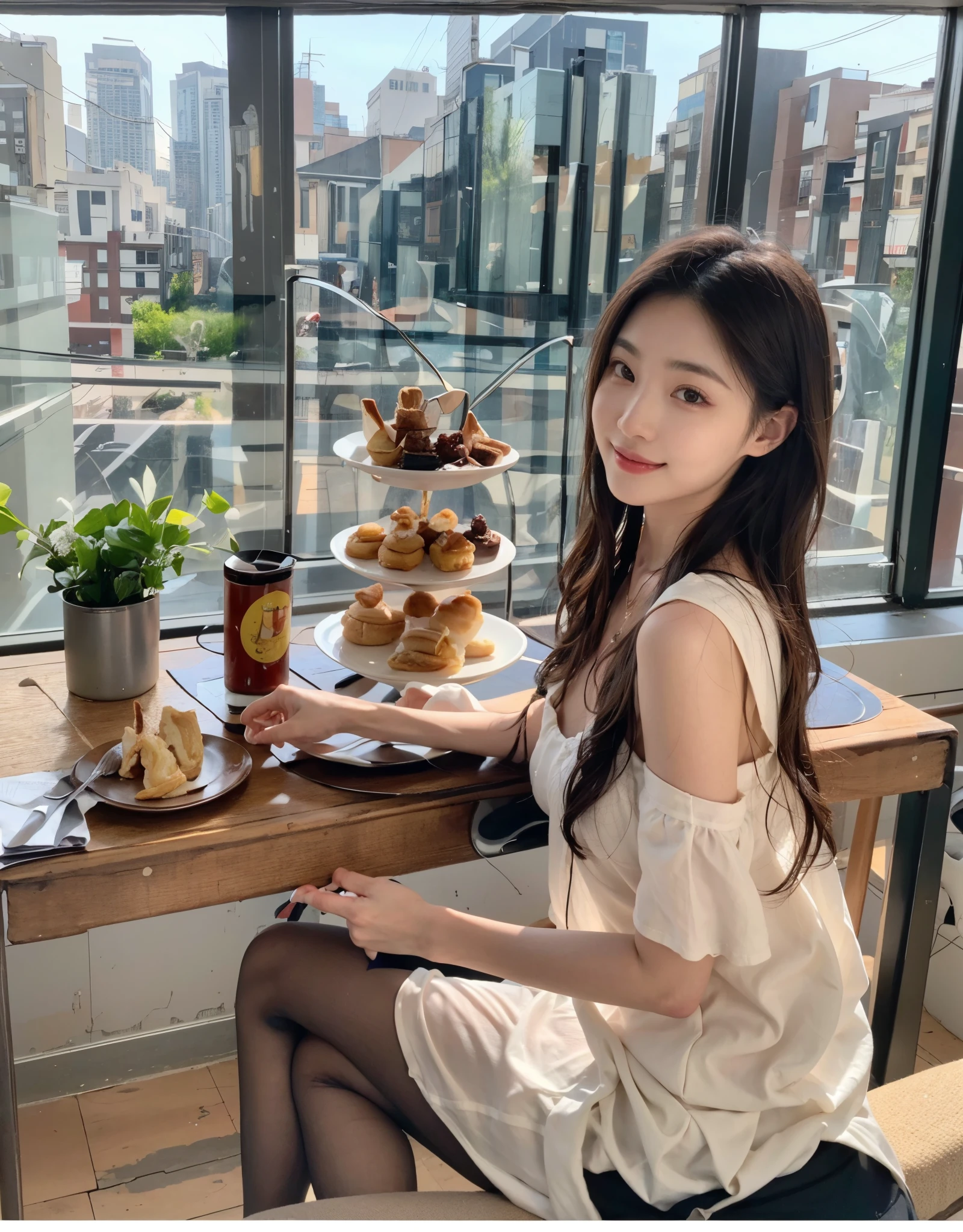 best quality，8k, ultra high resolution，Real light and shadow，(beautiful eyes:1.1)，beautiful woman，Sit at the table，A plate of Western pastries，short sleeves，seen from window，warm sunlight