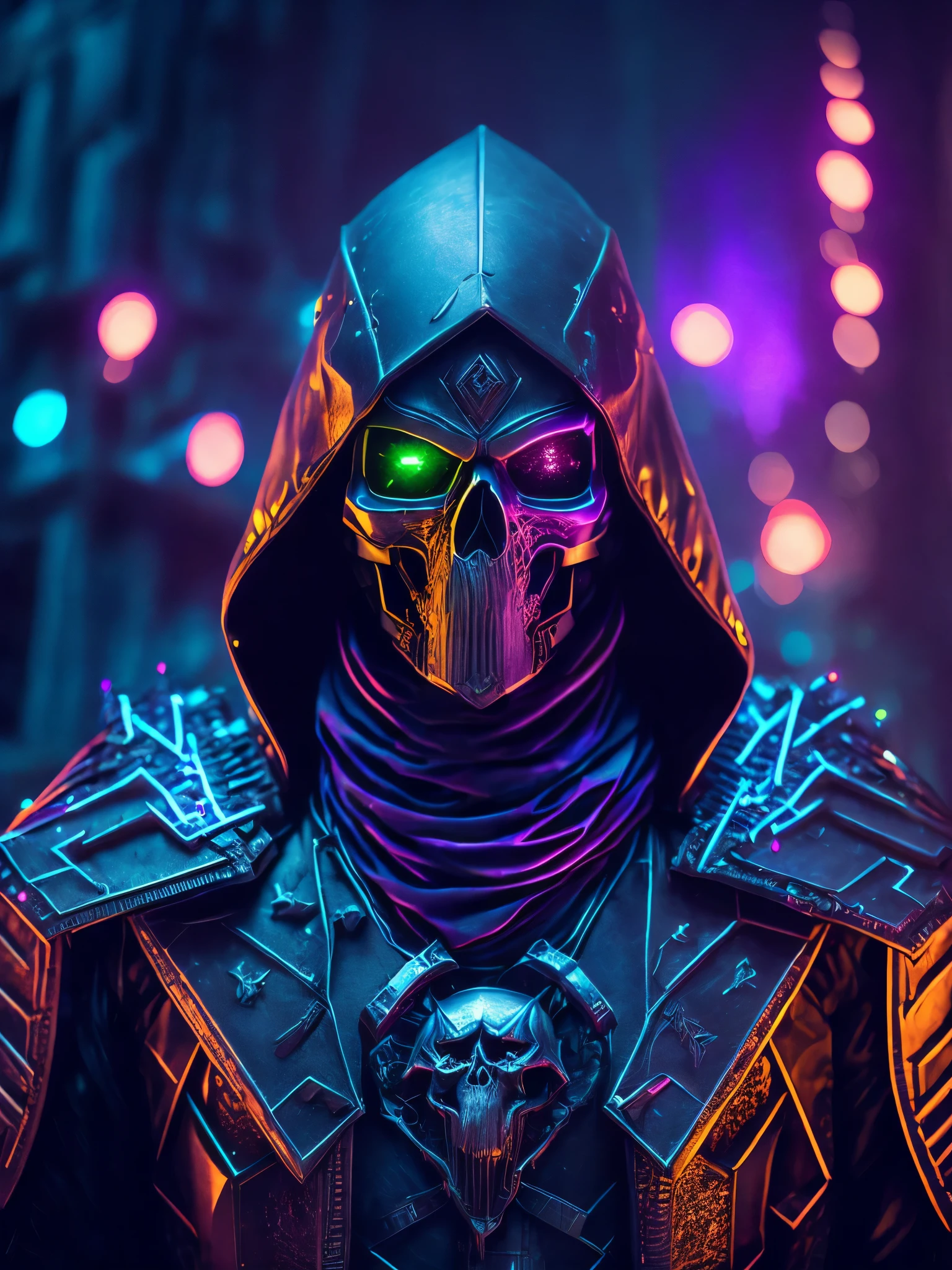 Reaper portrait from Marvel dressed as metal-skull with intricate angular cybernetic implants inside a brutalist building, gothic brutalist graveyard, cyberpunk, Foto premiada, Bokeh, Neon lights, cybernetic, fireworks in the background.