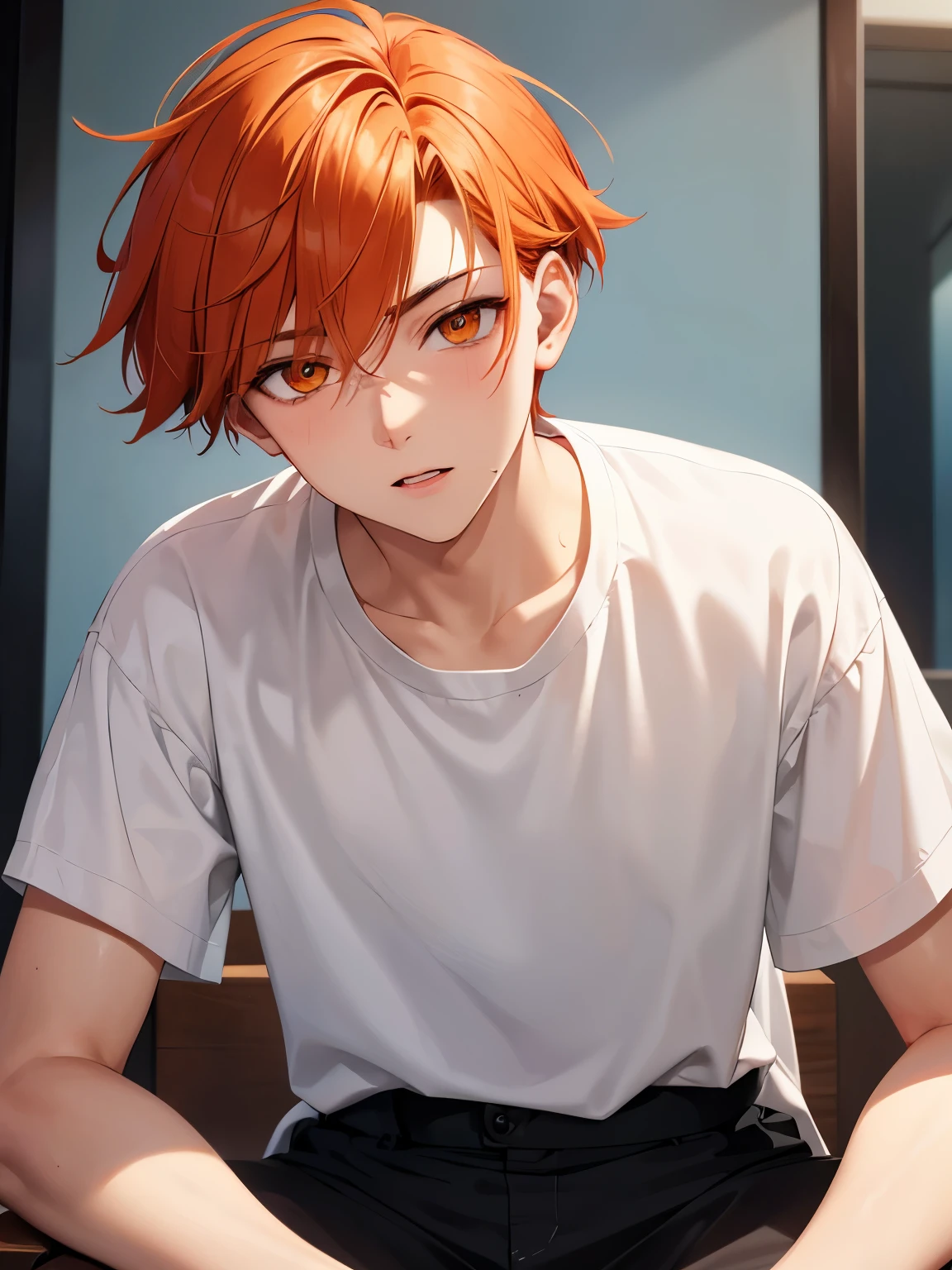 ung man,Werewolves,18 years old,guy,undercut hair style,orange hair, white shirt, shorts,ultra detail, perfect face, hd face, detailed face, masterpiece 