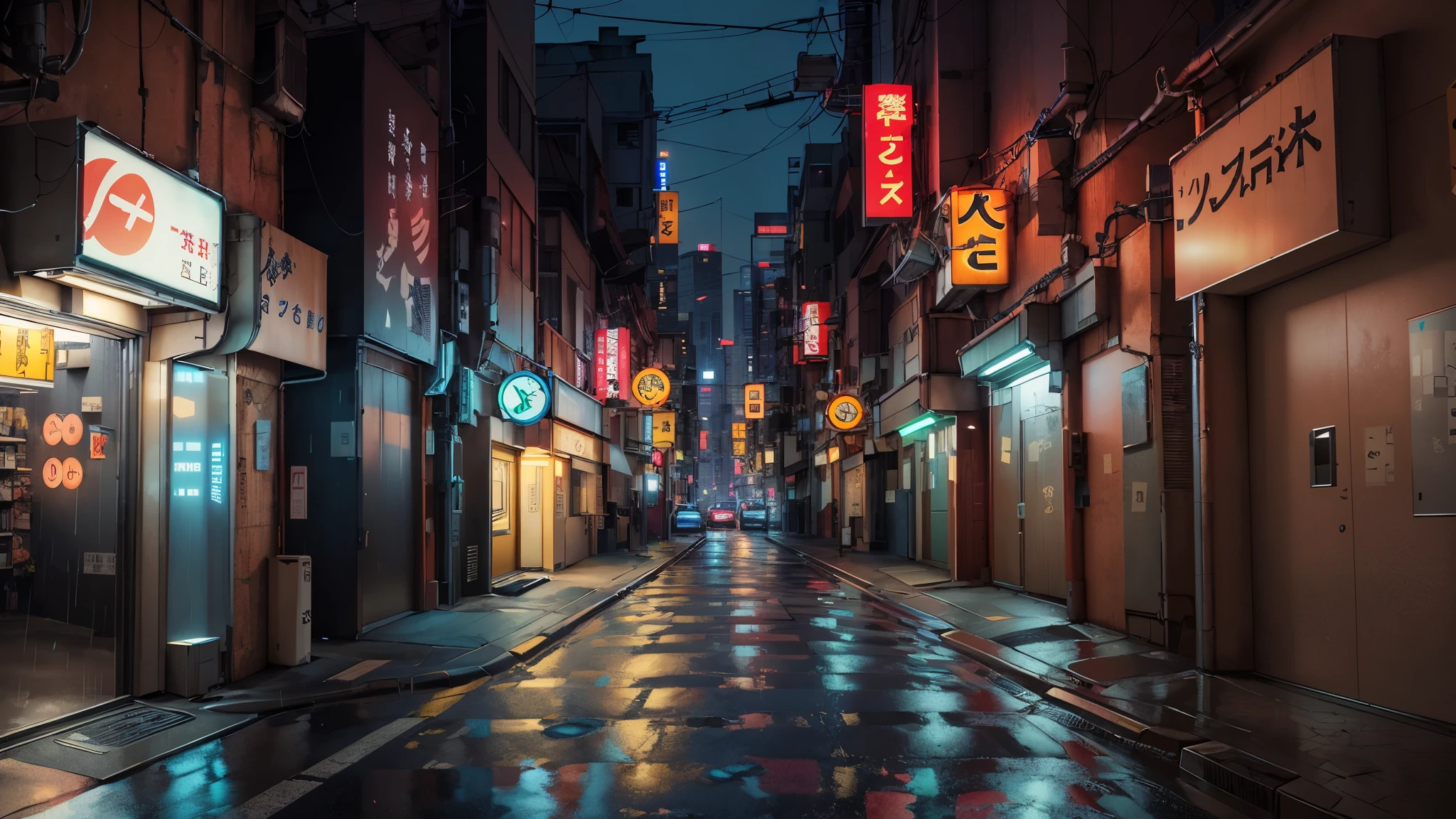 16:9，Tokyo，alley，night，it is raining，Cyberpunk city in science fiction, empty streets, complex, Super detailed, actual, ultra-actual, high quality, Ultra-detailed, Crazy details, photorealism, 8k