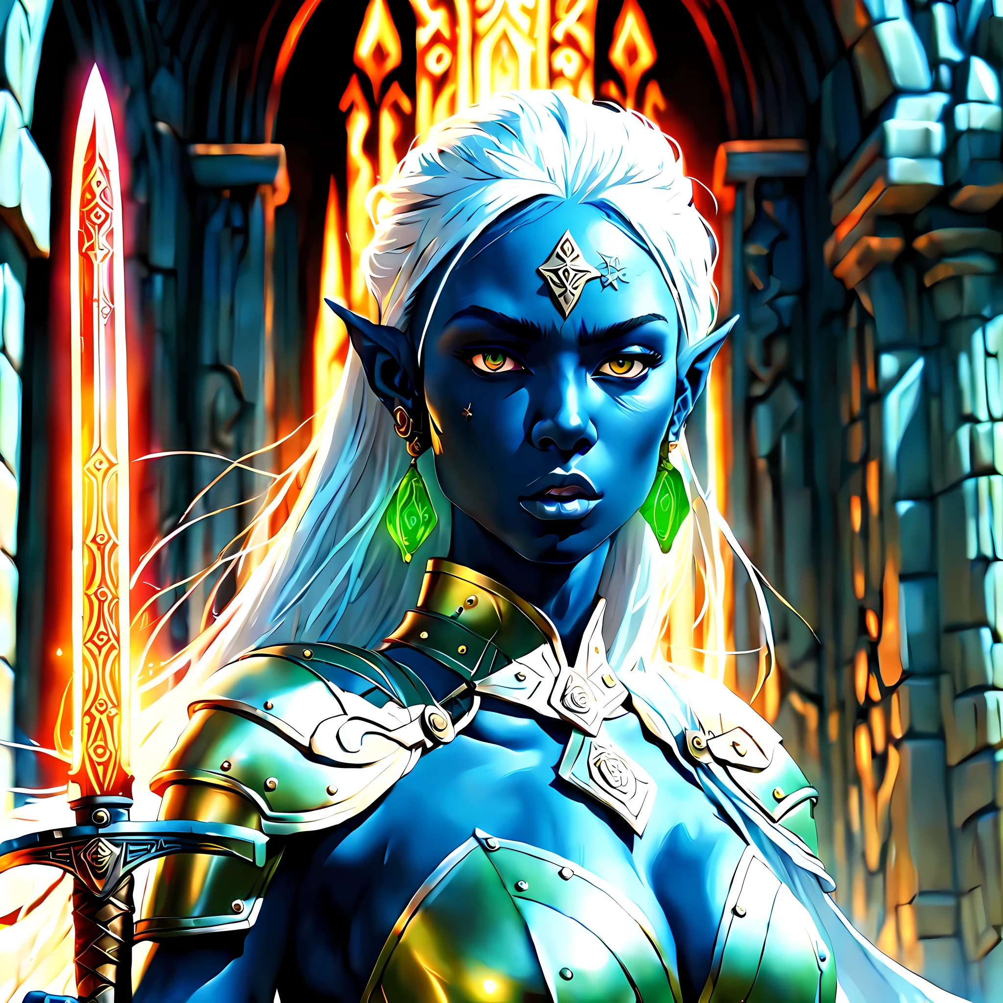 fantasy art, dnd art, RPG art, wide shot, (masterpiece: 1.4) a (portrait: 1.5) intense details, highly detailed, photorealistic, best quality, highres, portrait a female (fantasy art, Masterpiece, best quality: 1.3) ((blue skin: 1.5)), intense details facial details, exquisite beauty, (fantasy art, Masterpiece, best quality) cleric, (blue: 1.3) skinned female, white hair, long hair, (hair hides ears: 1.5), (green: 1.3) eye, fantasy art, Masterpiece, best quality) armed a fiery sword red fire, wearing heavy (white: 1.3) half plate mail armor, wearing high heeled laced boots, wearing an(orange :1.3) cloak, wearing glowing holy symbol GlowingRunes_yellow, within fantasy temple background, reflection light, high details, best quality, 16k, [ultra detailed], masterpiece, best quality, (extremely detailed), close up, ultra wide shot, photorealistic, RAW, fantasy art, dnd art, fantasy art, realistic art,((best quality)), ((masterpiece)), (detailed), perfect face,