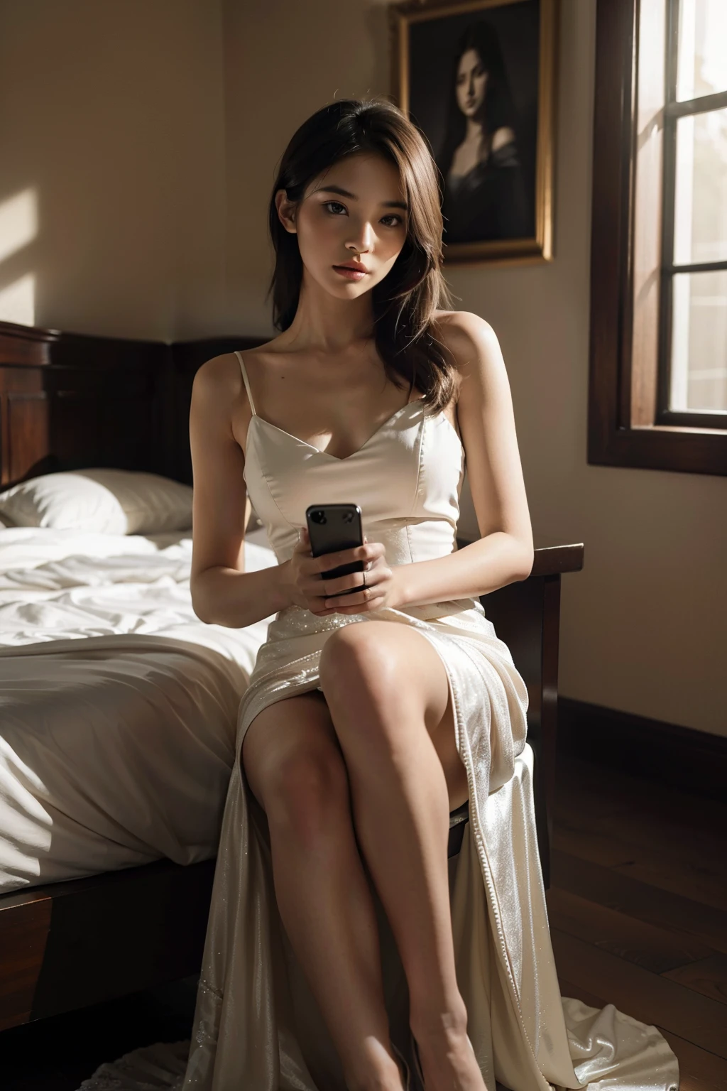 Masterpiece, highest quality, high resolution image of a young woman in a full body shot, elegantly clad in an elegant dress, her hand holding a sleek cell phone as she looks directly into the camera lens with a pensive expression. The wedding ring on her left hand subtly glints in the light, adding a hint of intrigue to the scene. Her features are sharp and well-defined, with expressive eyes that seem to tell a story. The overall atmosphere is one of quiet introspection, with the soft focus on her face drawing the viewer in. The background is tastefully blurred, allowing the woman to take center stage in this captivating image. (Authentic skin texture:1